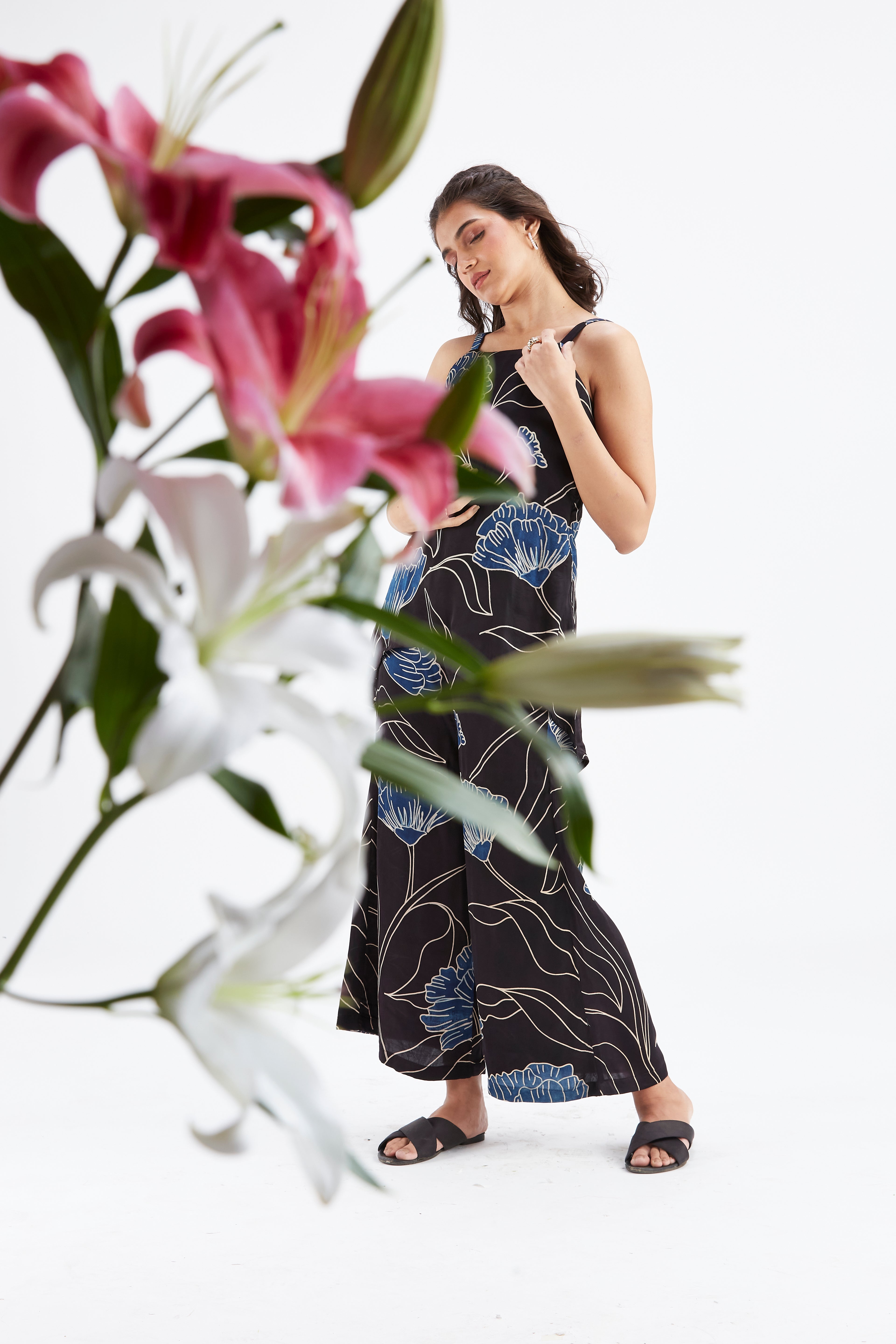 Alina Black Floral Printed Cotton Co-ord set at Kamakhyaa by Hasttvam. This item is Black, Cotton, Ete by Hasttvam, Floral Prints, Fusion Wear, Hand Printed, Womenswear