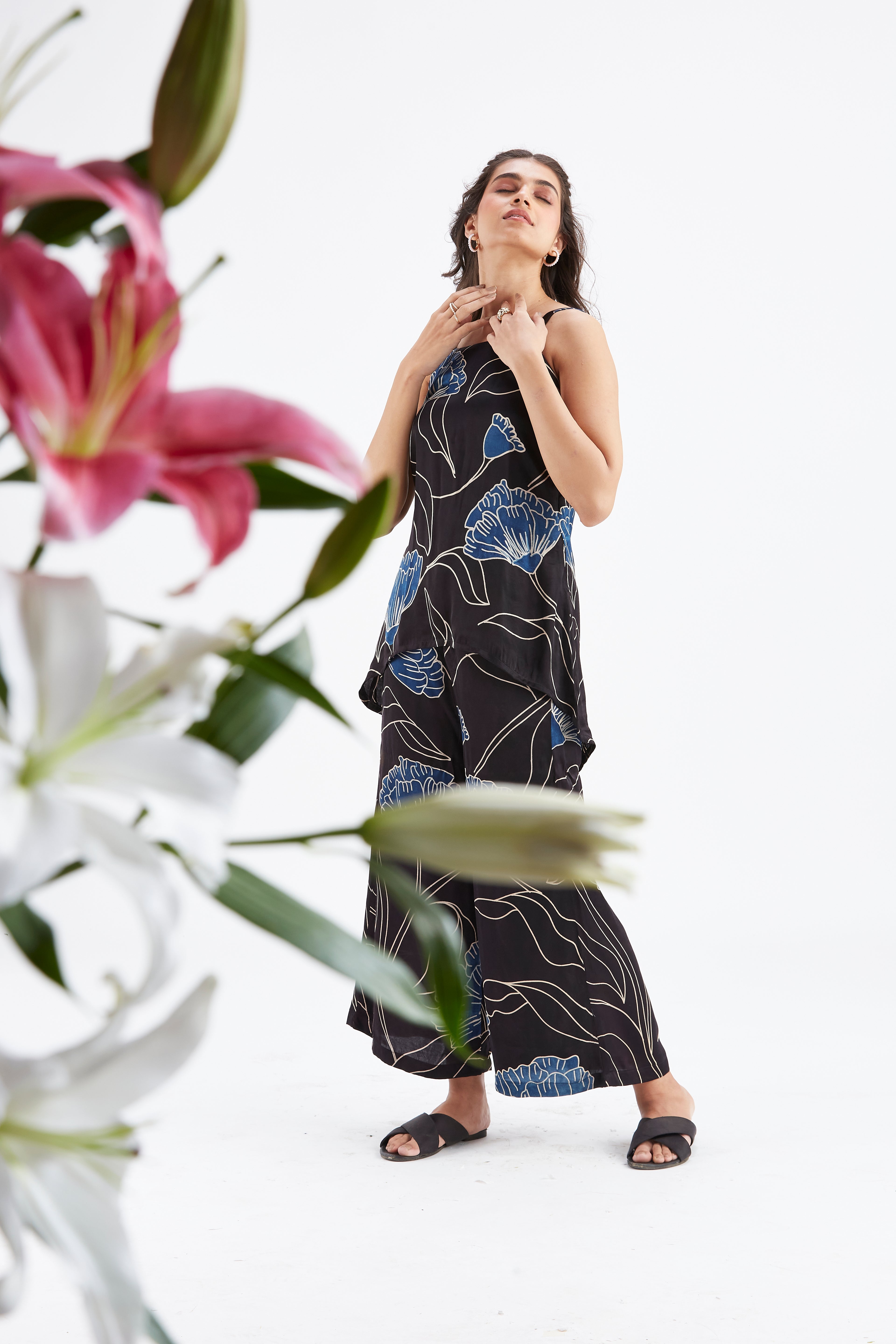 Alina Black Floral Printed Cotton Co-ord set at Kamakhyaa by Hasttvam. This item is Black, Cotton, Ete by Hasttvam, Floral Prints, Fusion Wear, Hand Printed, Womenswear