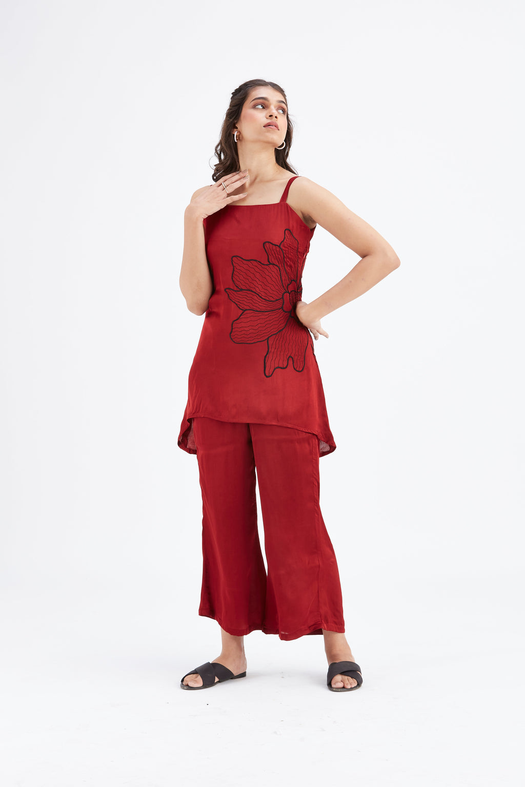 Alina Red Floral Printed Modal Co-ord set at Kamakhyaa by Hasttvam. This item is Ete by Hasttvam, Floral Prints, Hand Printed, Modal, Red, Wedding Wear, Womenswear