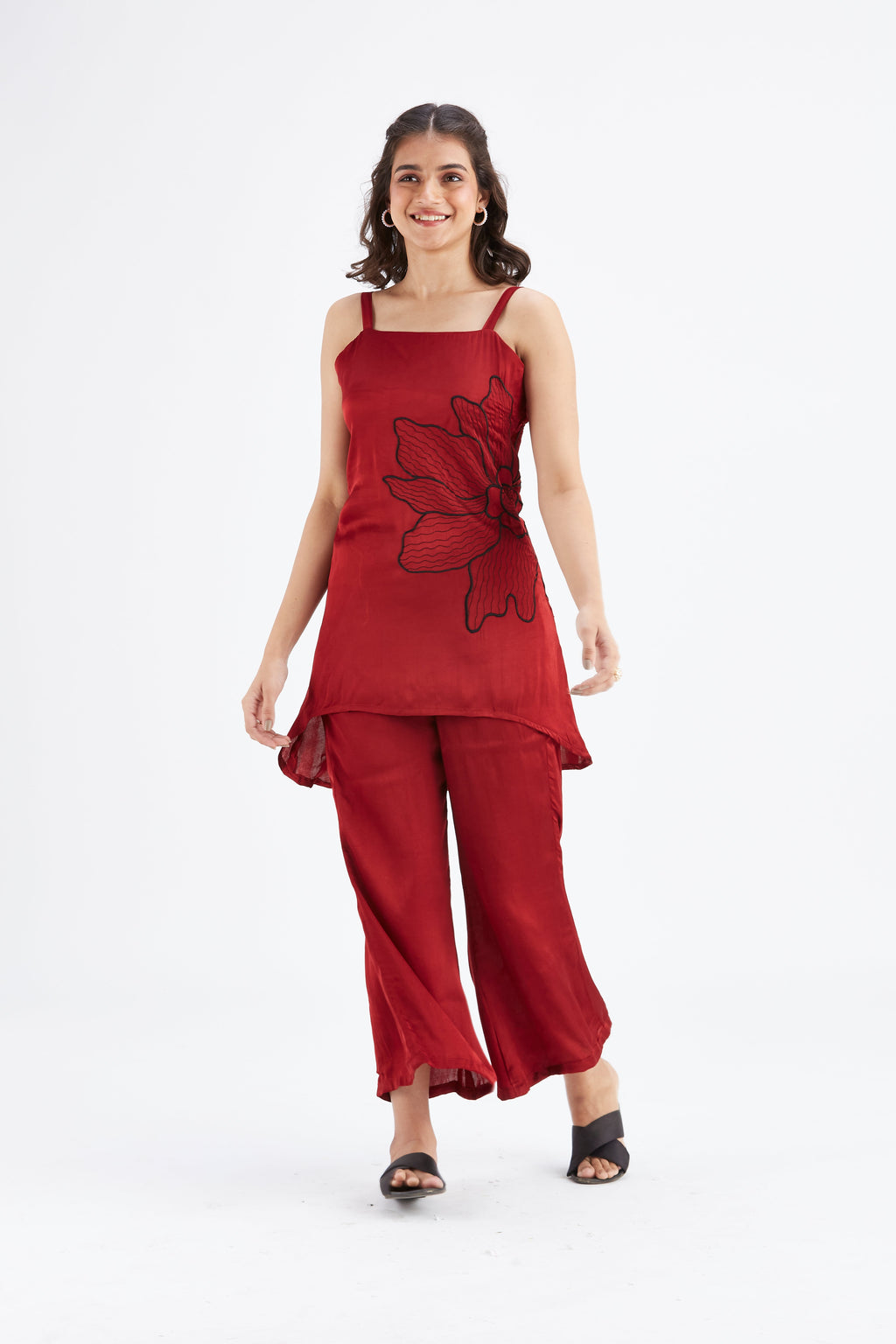 Alina Red Floral Printed Modal Co-ord set at Kamakhyaa by Hasttvam. This item is Ete by Hasttvam, Floral Prints, Hand Printed, Modal, Red, Wedding Wear, Womenswear