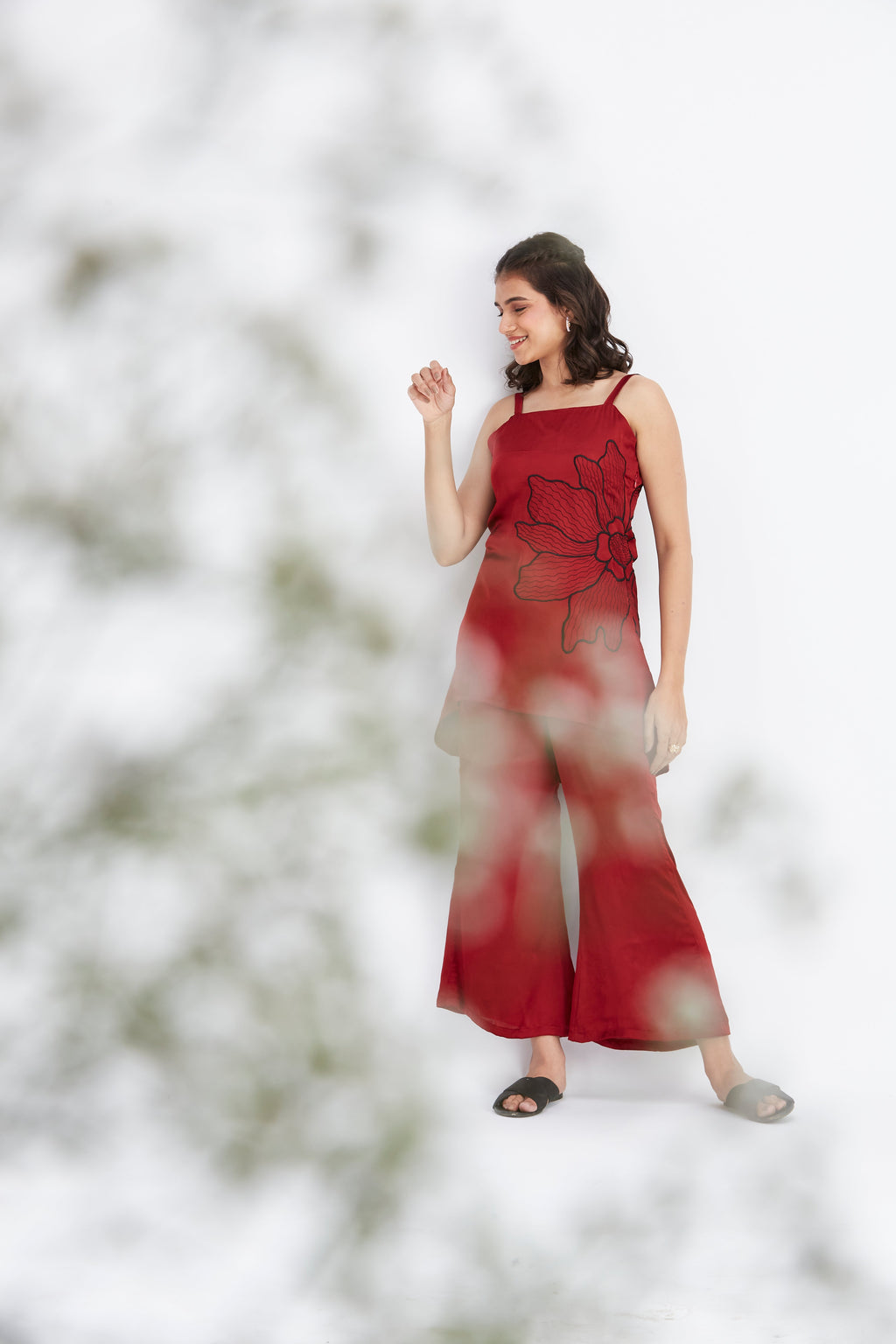 Alina Red Floral Printed Modal Co-ord set at Kamakhyaa by Hasttvam. This item is Ete by Hasttvam, Floral Prints, Hand Printed, Modal, Red, Wedding Wear, Womenswear