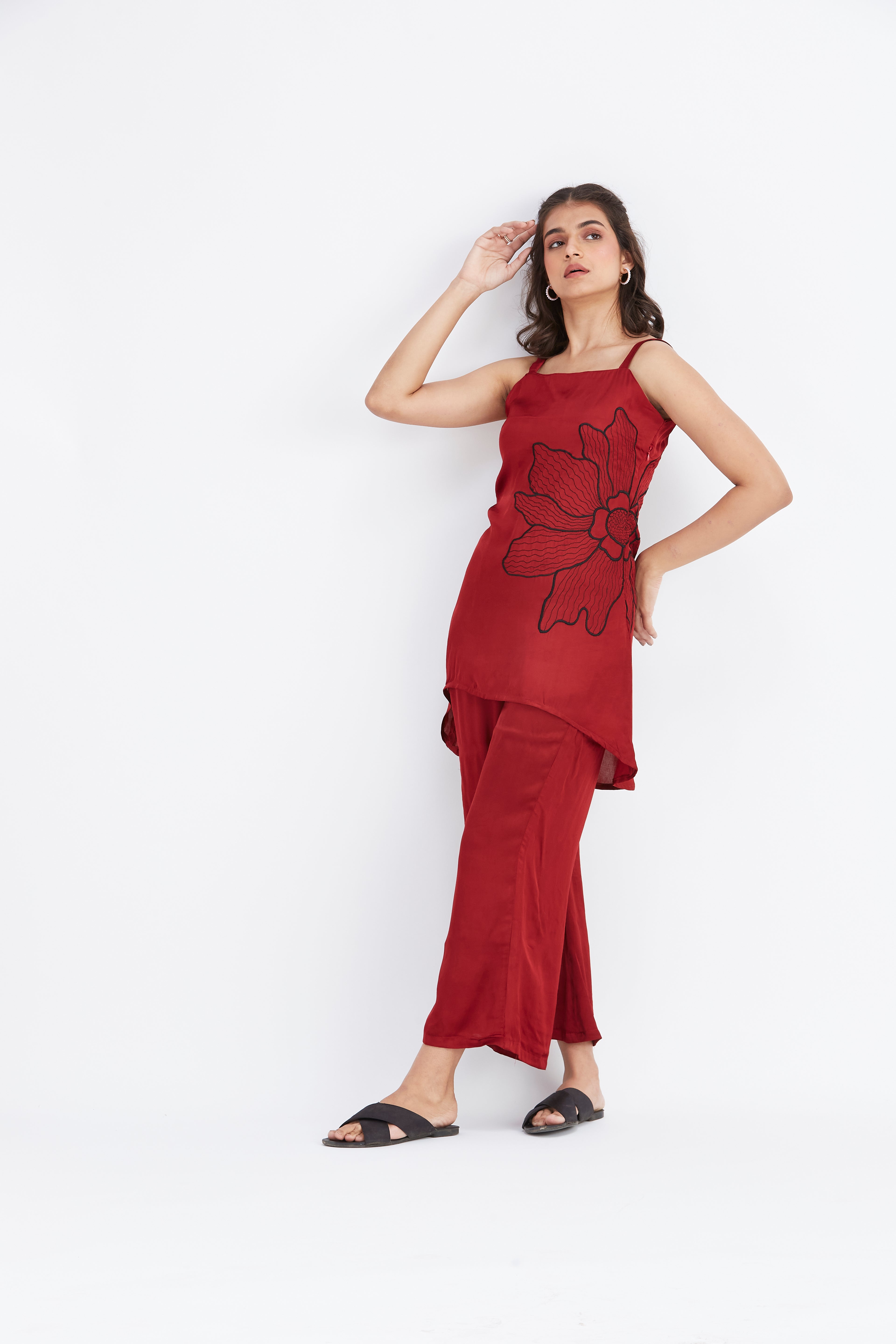 Alina Red Floral Printed Modal Co-ord set at Kamakhyaa by Hasttvam. This item is Ete by Hasttvam, Floral Prints, Hand Printed, Modal, Red, Wedding Wear, Womenswear