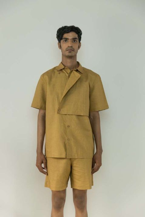Almond Yellow Shacket at kamakhyaa.com by Anushé Pirani. This item is Best Selling, Birthday Collection, Casual Wear, Console Collection List, Cotton, Cotton Hemp, For Him, For Siblings, Handwoven, Hemp, Jackets, Men Jackets, Men Overlays, Mens Overlay, Menswear, Overlays, Relaxed Fit, Review September 2025, Shibumi by Anushe Pirani, Solids, Winter Products, Yellow