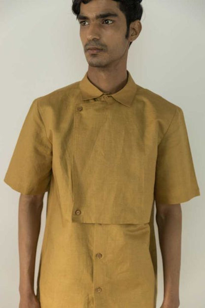 Almond Yellow Shacket at Kamakhyaa by Anushé Pirani. This item is Best Selling, Casual Wear, Cotton, Cotton Hemp, For Him, For Siblings, Handwoven, Hemp, Jackets, Mens Overlay, Menswear, Overlays, Relaxed Fit, Shibumi Collection, Solids, Yellow