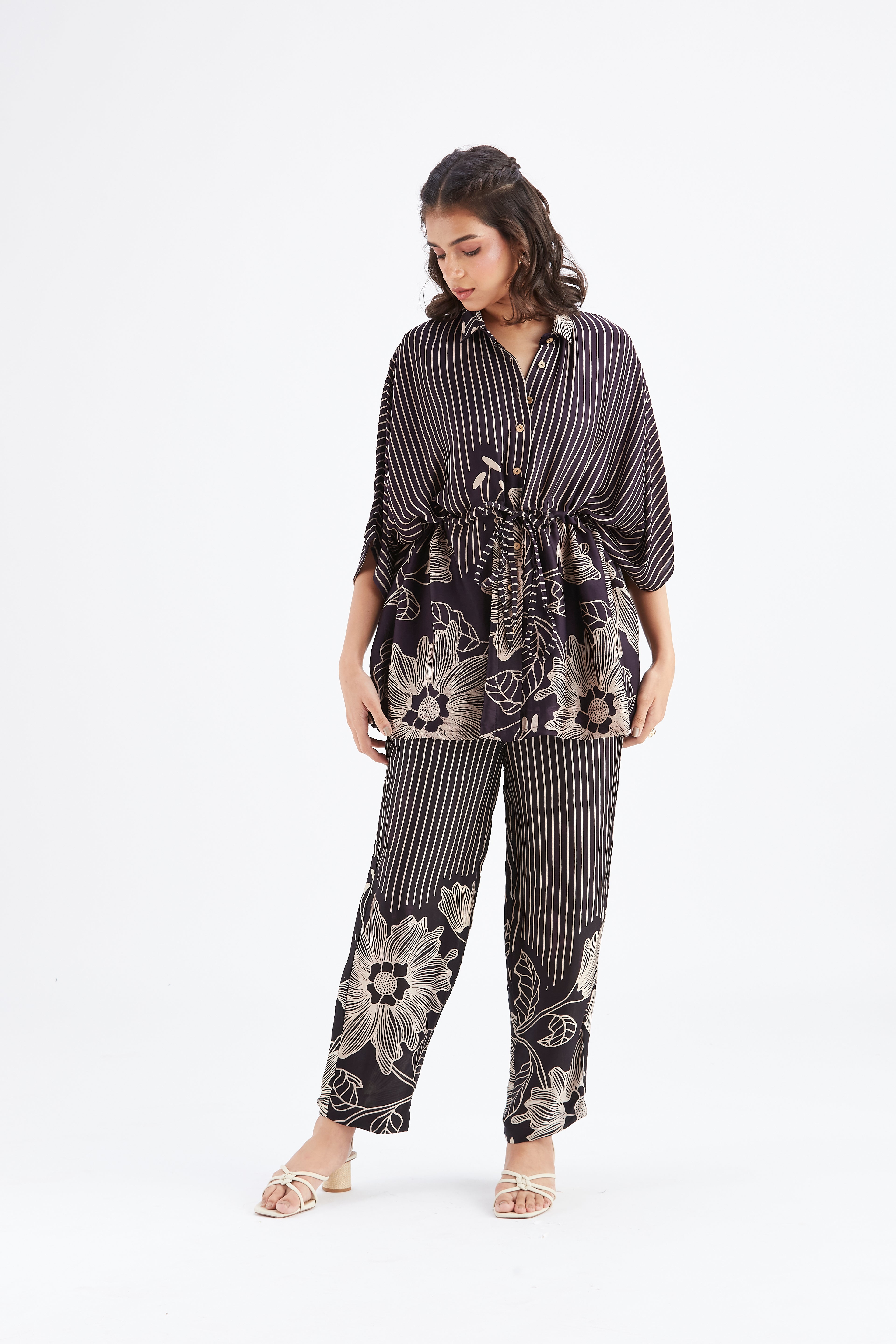 Amae Black Floral Printed Cotton Co-ord set at Kamakhyaa by Hasttvam. This item is Black, Cotton, Ete by Hasttvam, Floral Prints, Fusion Wear, Hand Printed, Womenswear