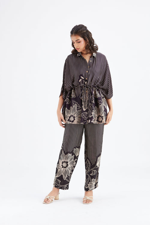 Amae Black Floral Printed Cotton Co-ord set at Kamakhyaa by Hasttvam. This item is Black, Cotton, Ete by Hasttvam, Floral Prints, Fusion Wear, Hand Printed, Womenswear