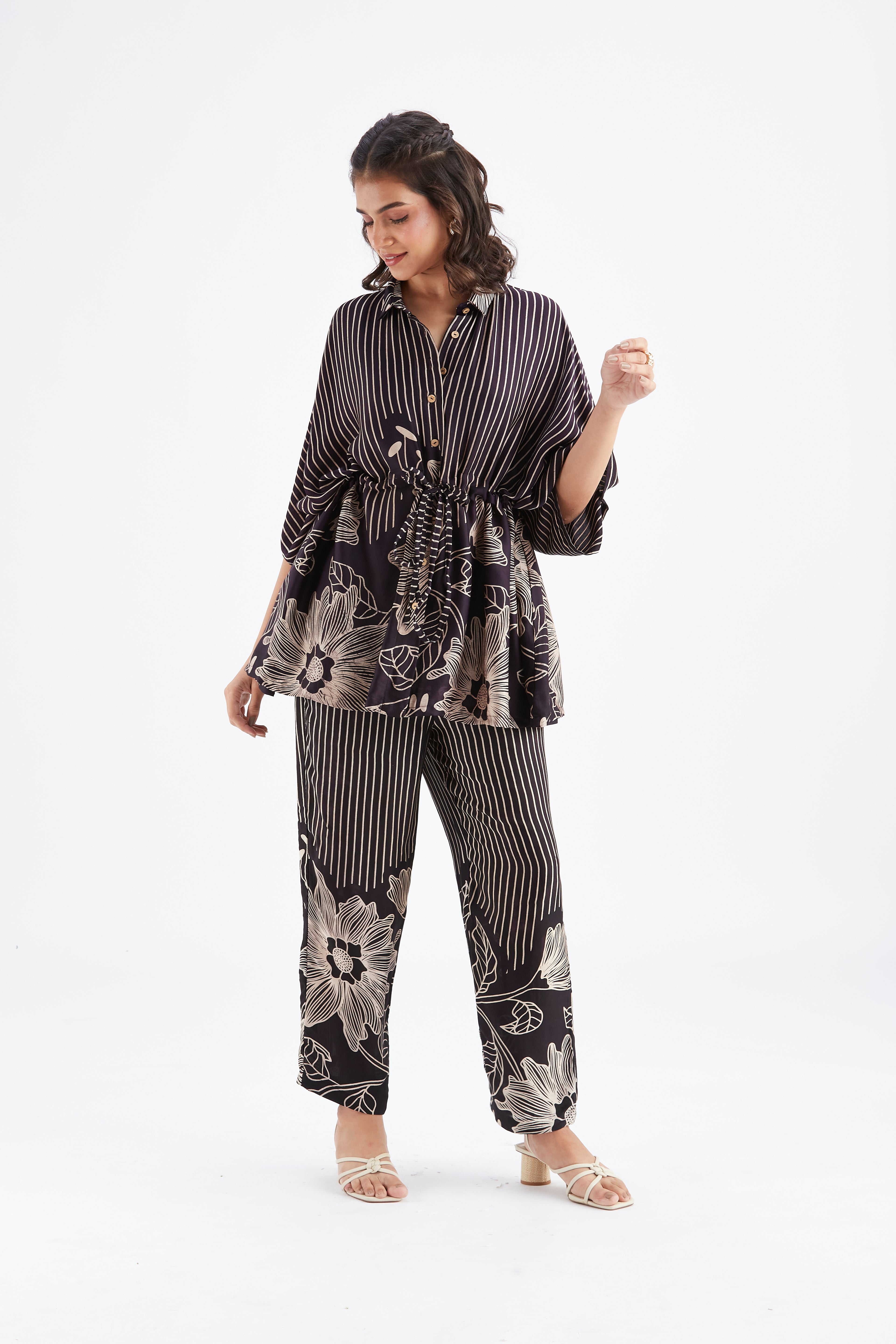 Amae Black Floral Printed Cotton Co-ord set at Kamakhyaa by Hasttvam. This item is Black, Cotton, Ete by Hasttvam, Floral Prints, Fusion Wear, Hand Printed, Womenswear