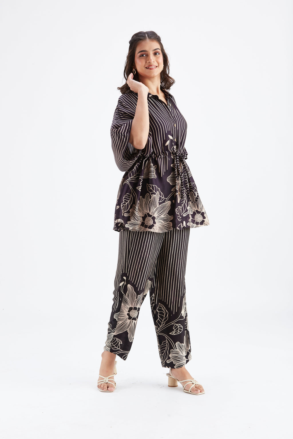 Amae Black Floral Printed Cotton Co-ord set at Kamakhyaa by Hasttvam. This item is Black, Cotton, Ete by Hasttvam, Floral Prints, Fusion Wear, Hand Printed, Womenswear