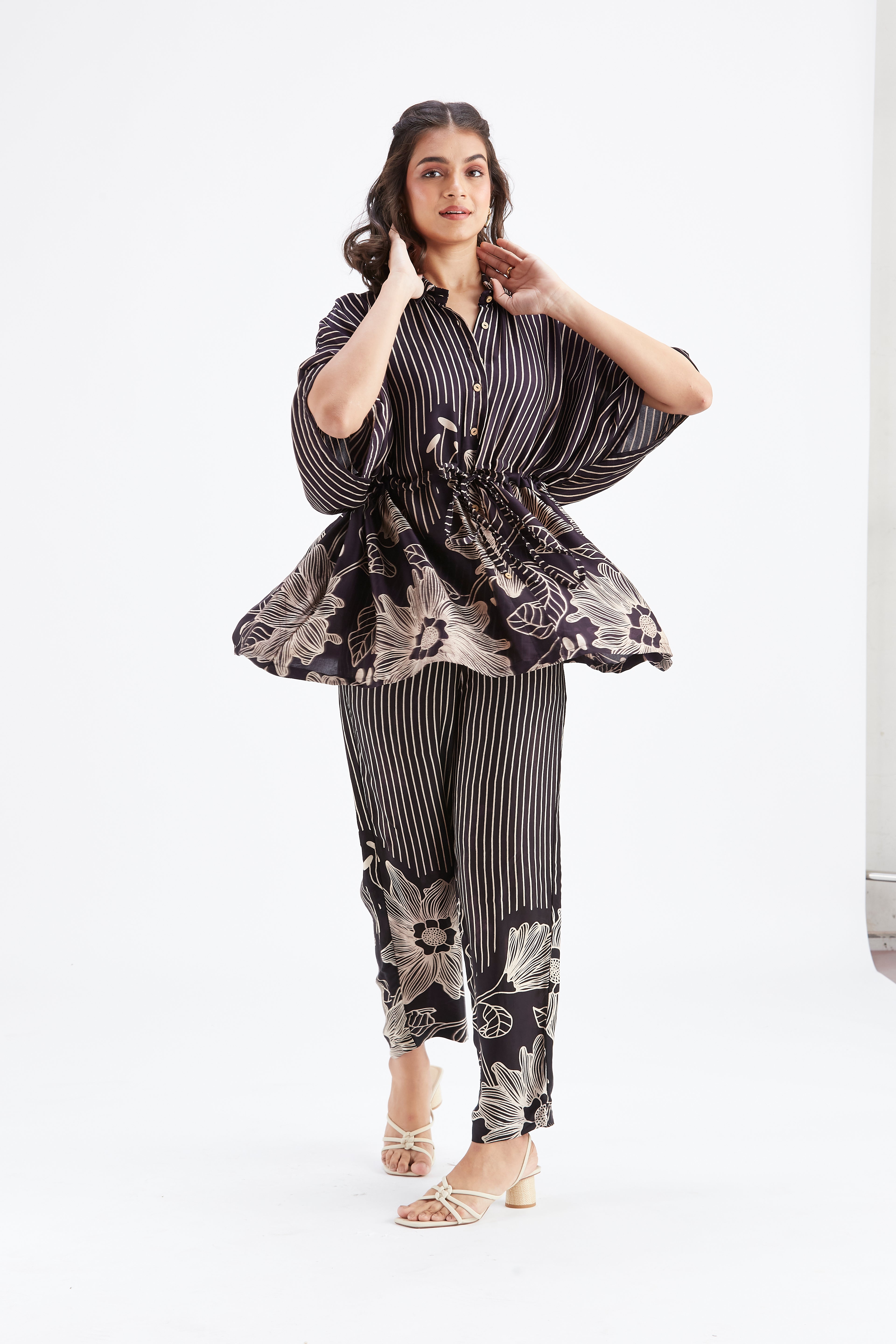 Amae Black Floral Printed Cotton Co-ord set at Kamakhyaa by Hasttvam. This item is Black, Cotton, Ete by Hasttvam, Floral Prints, Fusion Wear, Hand Printed, Womenswear