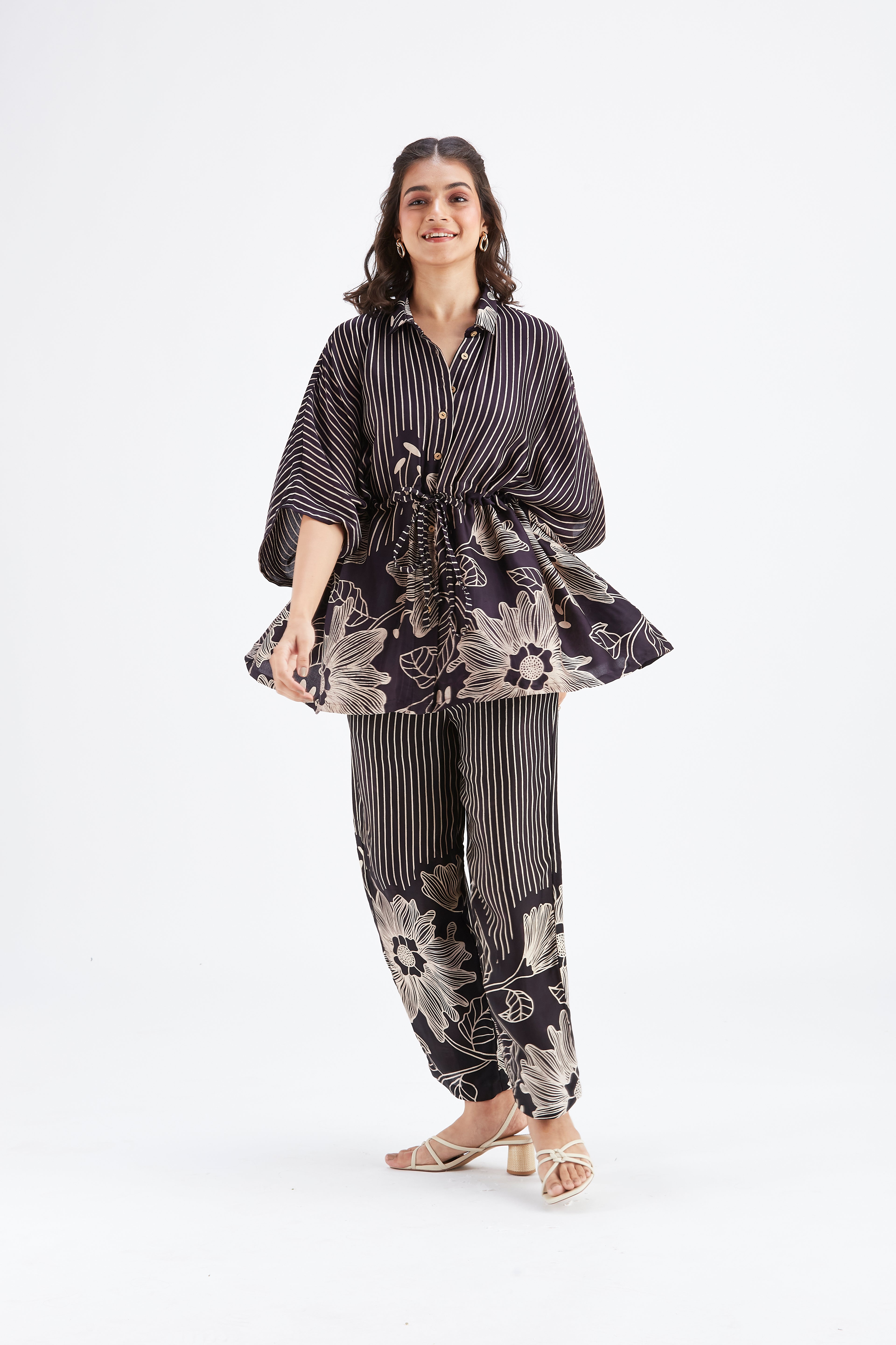 Amae Black Floral Printed Cotton Co-ord set at Kamakhyaa by Hasttvam. This item is Black, Cotton, Ete by Hasttvam, Floral Prints, Fusion Wear, Hand Printed, Womenswear