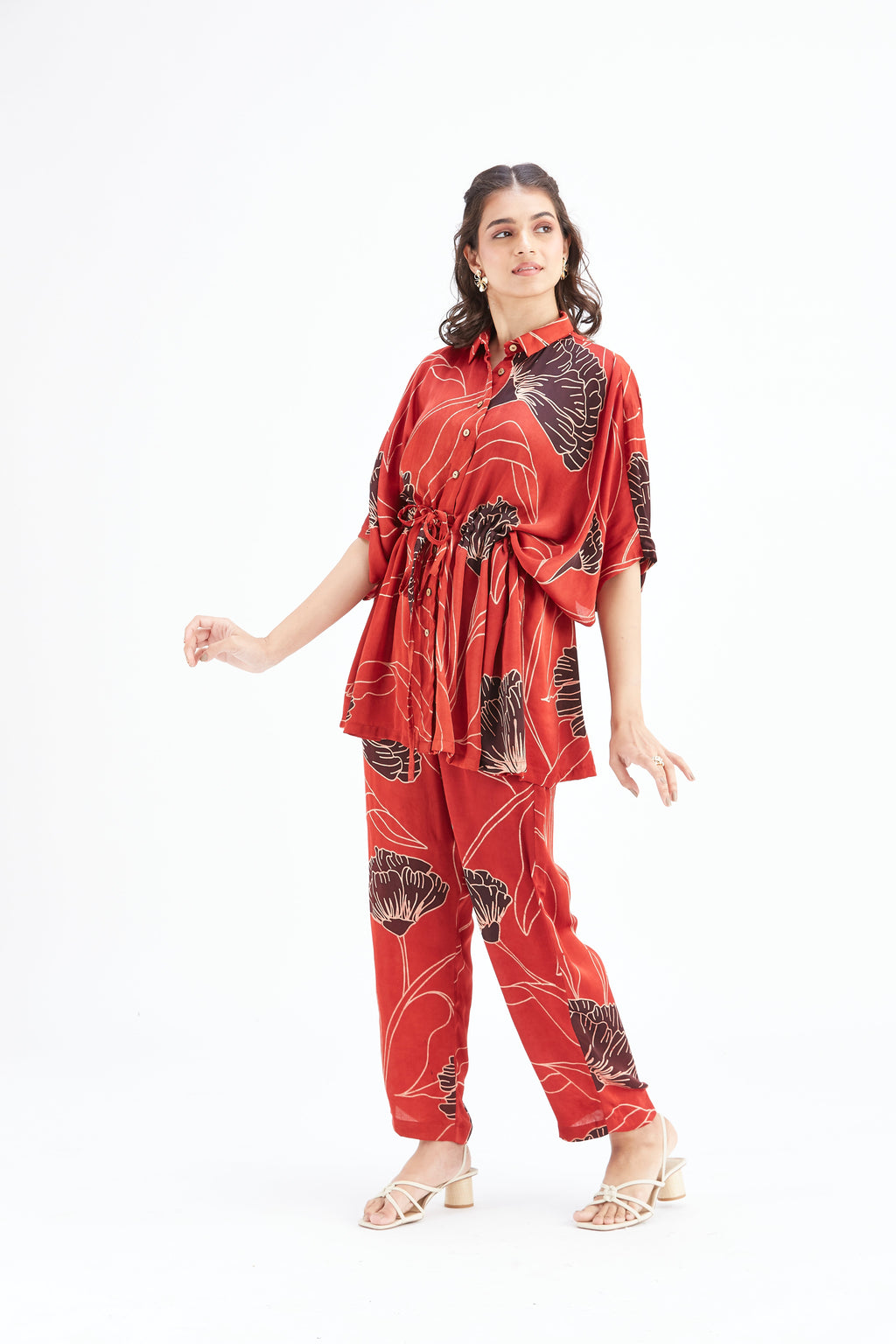 Amae Red Printed Cotton Co-ord set at Kamakhyaa by Hasttvam. This item is Cotton, Ete by Hasttvam, Floral Prints, Hand Printed, Red, Wedding Wear, Womenswear