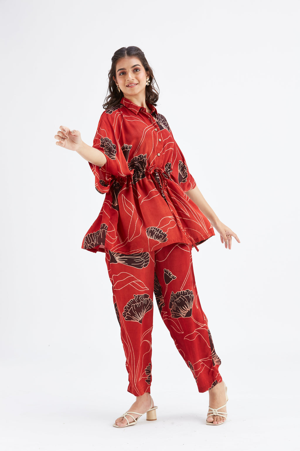 Amae Red Printed Cotton Co-ord set at Kamakhyaa by Hasttvam. This item is Cotton, Ete by Hasttvam, Floral Prints, Hand Printed, Red, Wedding Wear, Womenswear