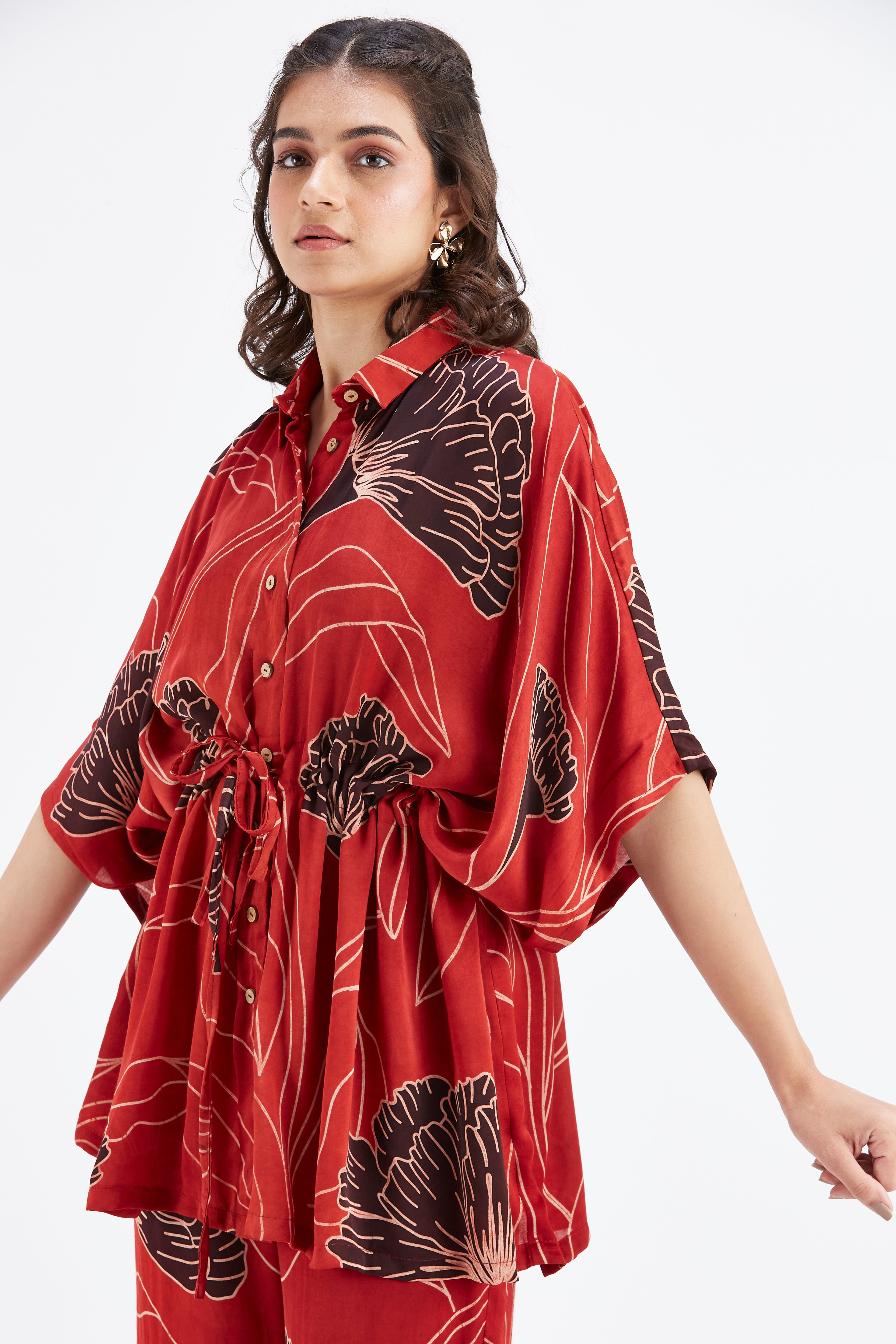 Amae Red Printed Cotton Co-ord set at Kamakhyaa by Hasttvam. This item is Cotton, Ete by Hasttvam, Floral Prints, Hand Printed, Red, Wedding Wear, Womenswear