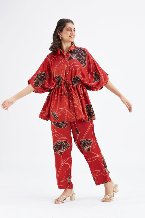 Amae Red Printed Cotton Co-ord set at Kamakhyaa by Hasttvam. This item is Cotton, Ete by Hasttvam, Floral Prints, Hand Printed, Red, Wedding Wear, Womenswear