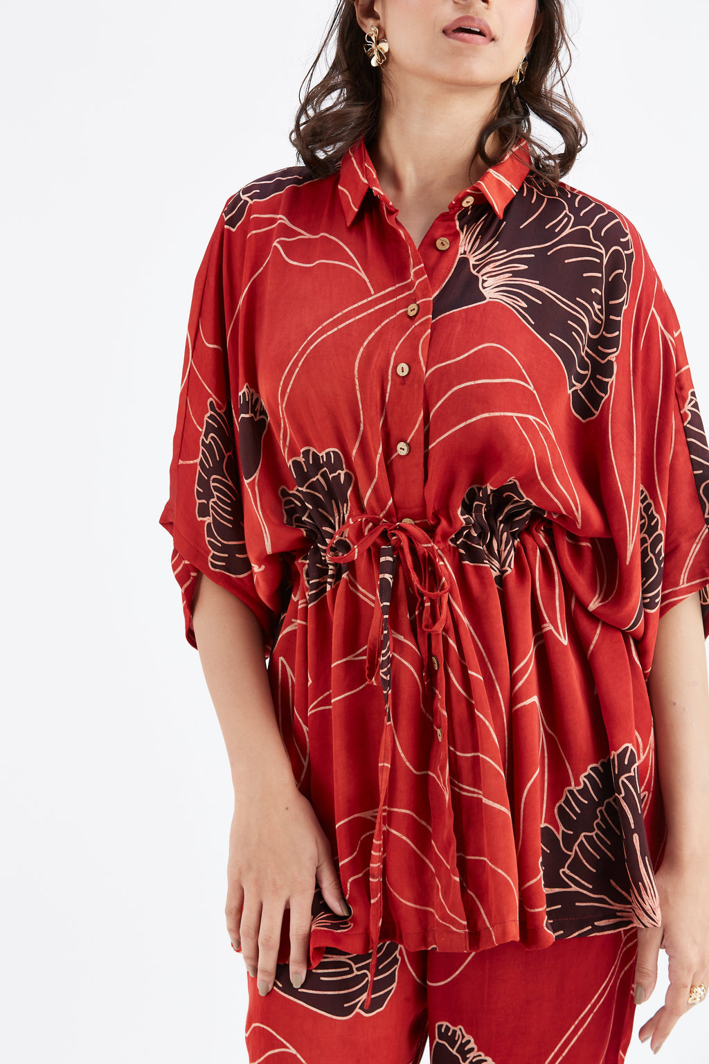 Amae Red Printed Cotton Co-ord set at Kamakhyaa by Hasttvam. This item is Cotton, Ete by Hasttvam, Floral Prints, Hand Printed, Red, Wedding Wear, Womenswear