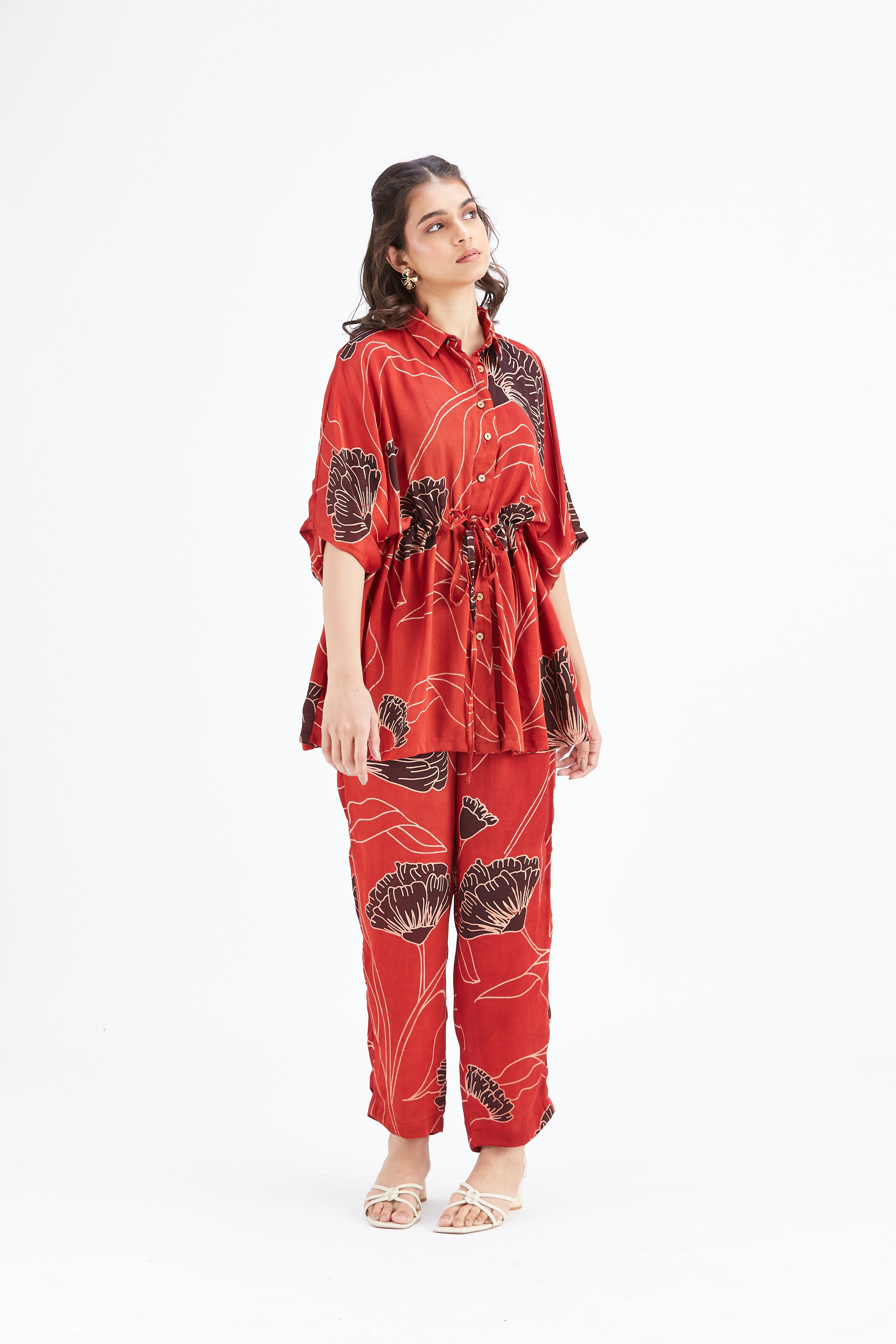 Amae Red Printed Cotton Co-ord set at Kamakhyaa by Hasttvam. This item is Cotton, Ete by Hasttvam, Floral Prints, Hand Printed, Red, Wedding Wear, Womenswear