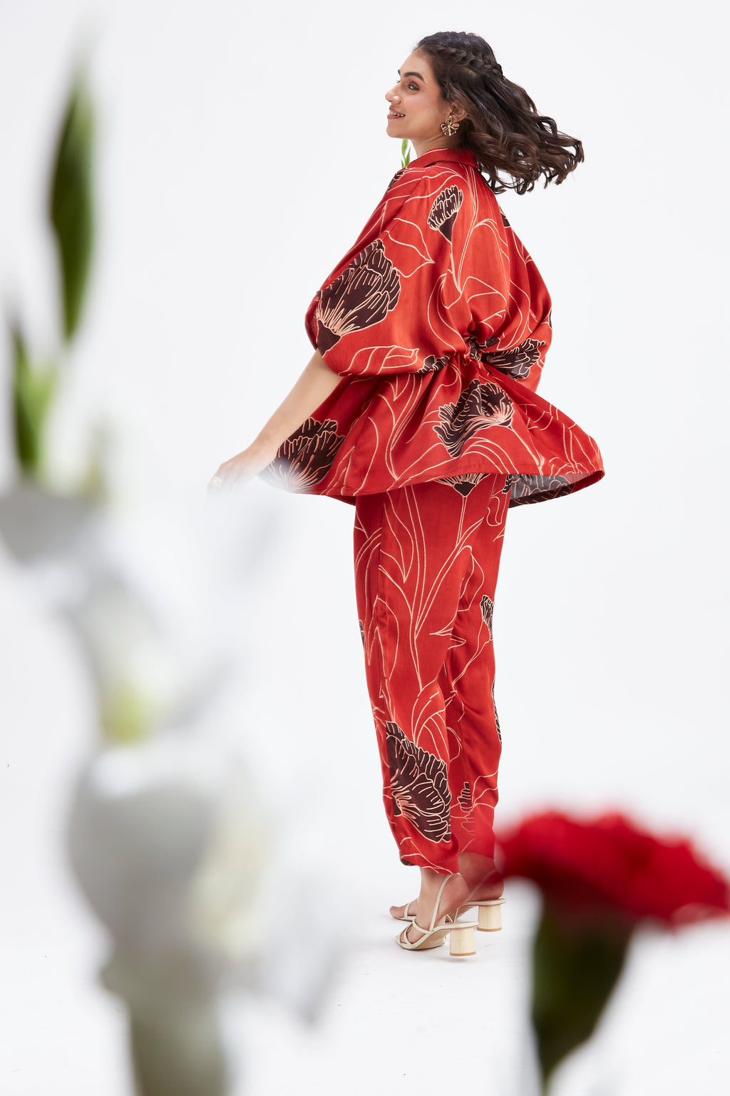 Amae Red Printed Cotton Co-ord set at Kamakhyaa by Hasttvam. This item is Cotton, Ete by Hasttvam, Floral Prints, Hand Printed, Red, Wedding Wear, Womenswear