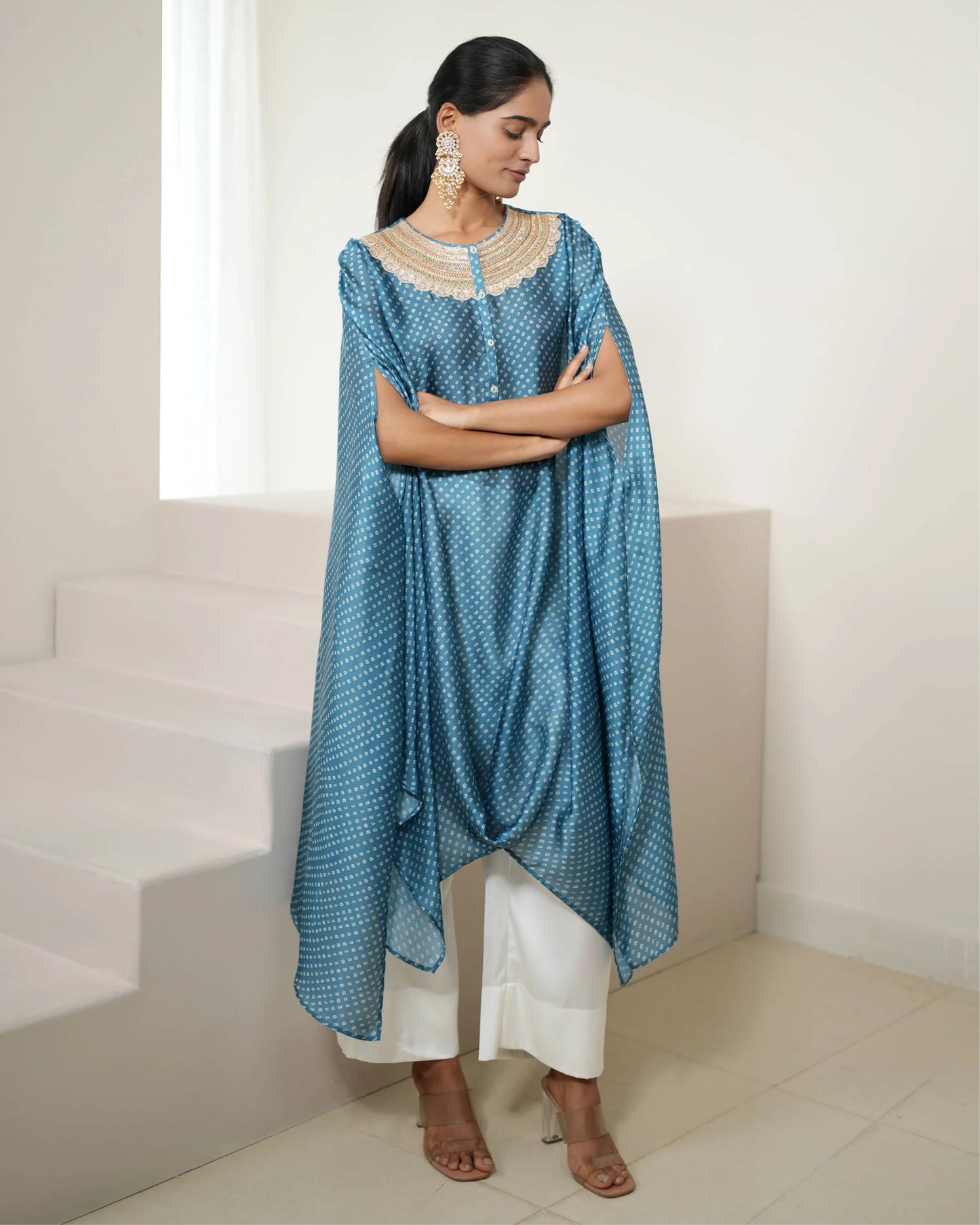 Aqua Blue Satin Silk Kurta Pant Set at Kamakhyaa by Mayura Kumar. This item is Bandhej, Bandhej Bandhini Mixology by Mayura Kumar, Blue, Dry clean, Festive Wear, Relaxed Fit, Satin Silk, Tie & Dye