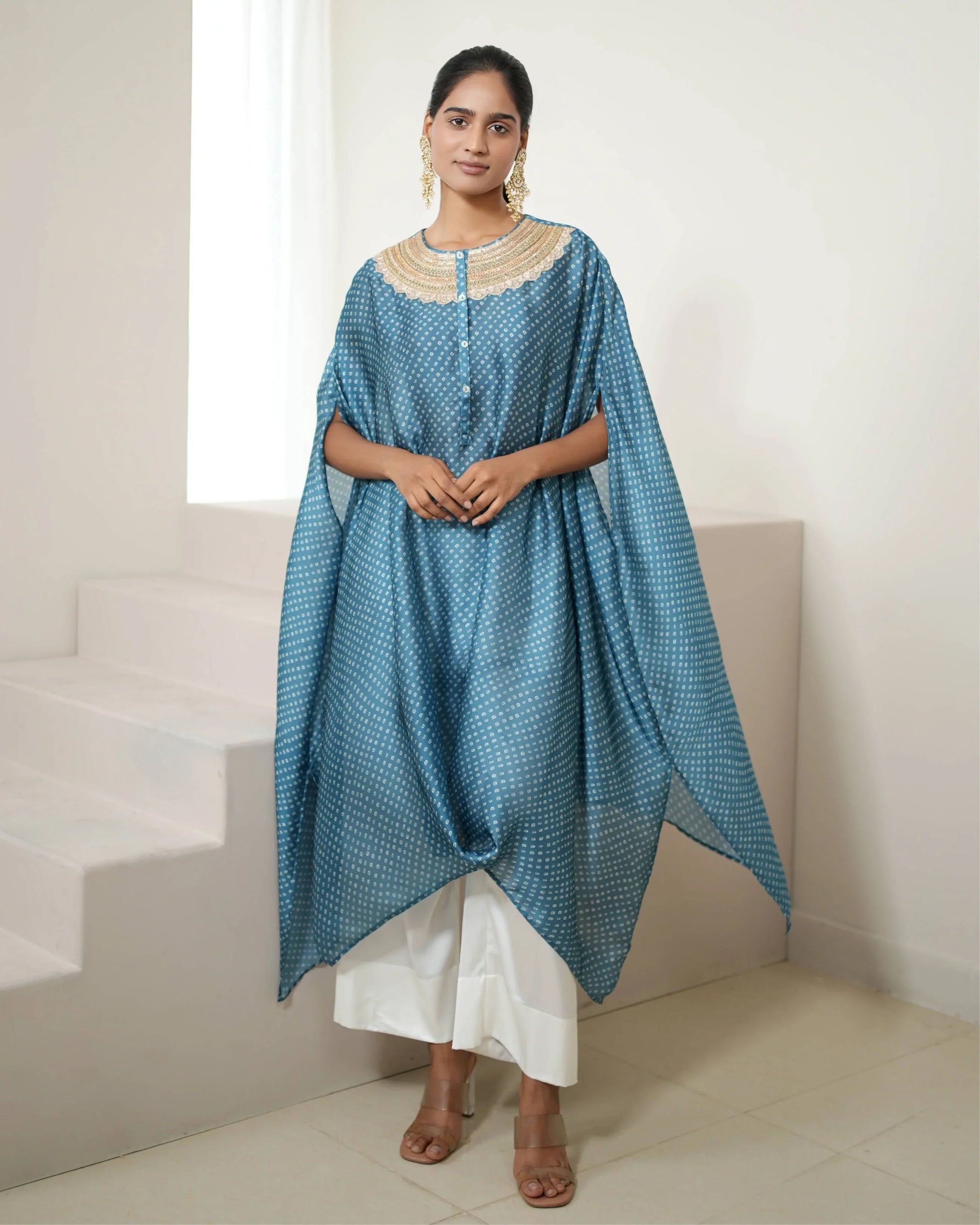 Aqua Blue Satin Silk Kurta Pant Set at Kamakhyaa by Mayura Kumar. This item is Bandhej, Bandhej Bandhini Mixology by Mayura Kumar, Blue, Dry clean, Festive Wear, Relaxed Fit, Satin Silk, Tie & Dye