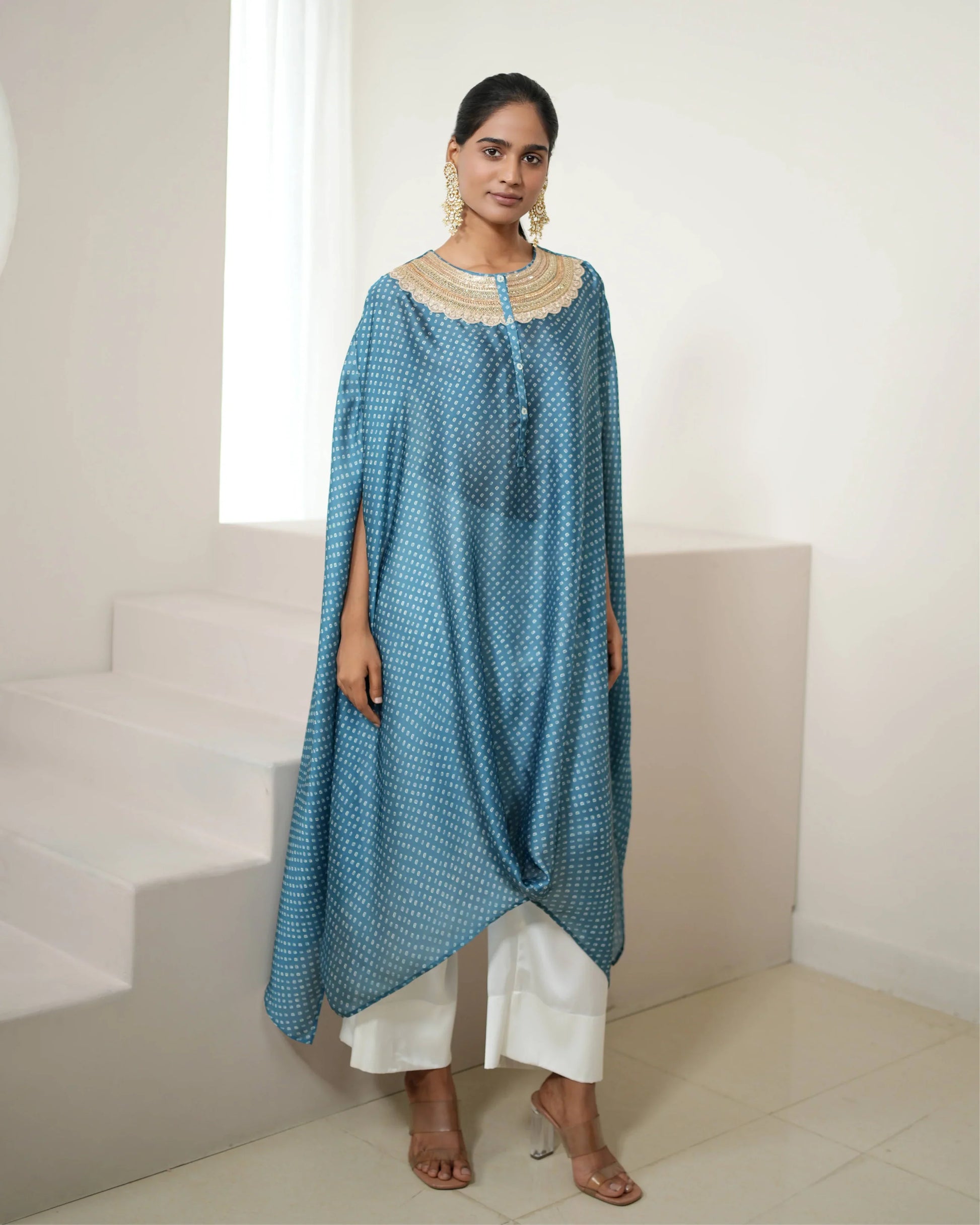 Aqua Blue Satin Silk Kurta Pant Set at Kamakhyaa by Mayura Kumar. This item is Bandhej, Bandhej Bandhini Mixology by Mayura Kumar, Blue, Dry clean, Festive Wear, Relaxed Fit, Satin Silk, Tie & Dye