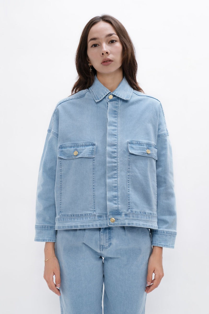 Arizona - Denim Jacket - Sky at Kamakhyaa by 1 People. This item is Denim, Denim Jacket, Elastane, Light Blue, Made from Natural Materials, Organic Cotton, Overlays, REPREVE Polyester