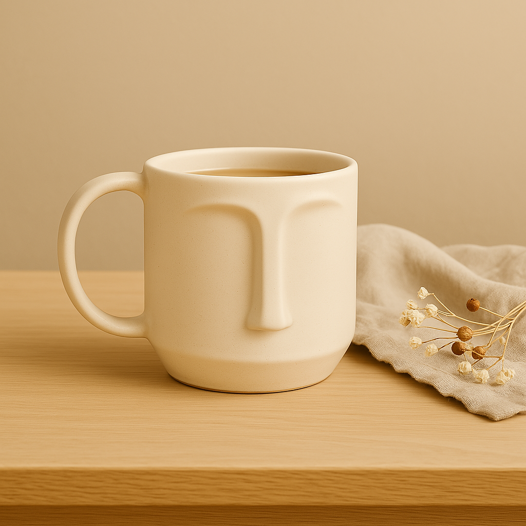 Arto Face Mug – Handmade Ceramic Mug in Off-White with Minimalist Face Design at Kamakhyaa by Aetherea World. This item is 