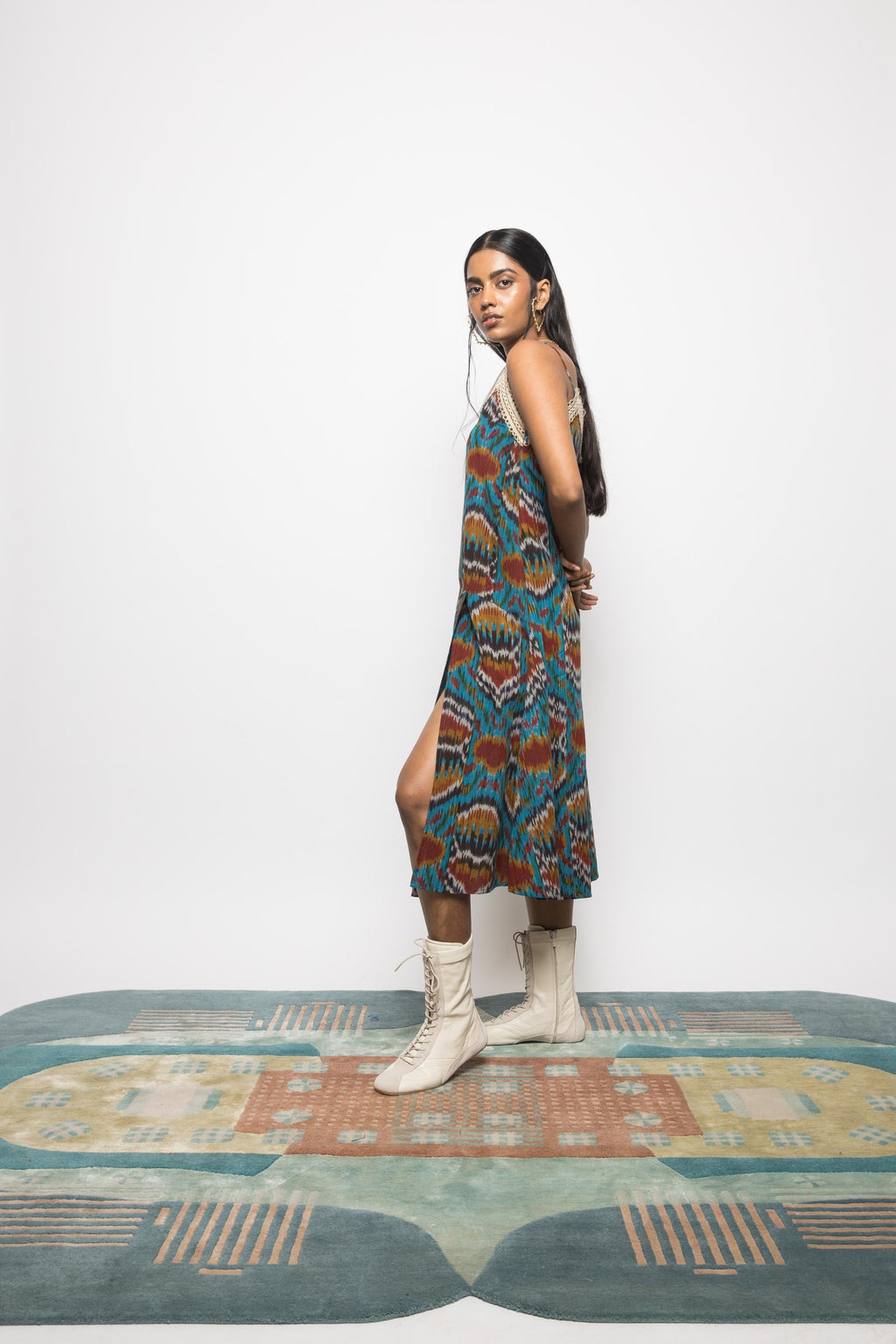 Asymmetric Waist Sling Dress at kamakhyaa.com by Anushé Pirani. This item is 100% Cotton, Beach Wear, Brunch Wear, Casual Wear, Console Collection List, Cotton, Fresh Ink by Anushe Pirani, Handwoven cotton, Ikat Prints, Regular Fit, Resort Wear, Turquoise, Vacation Wear, Womenswear