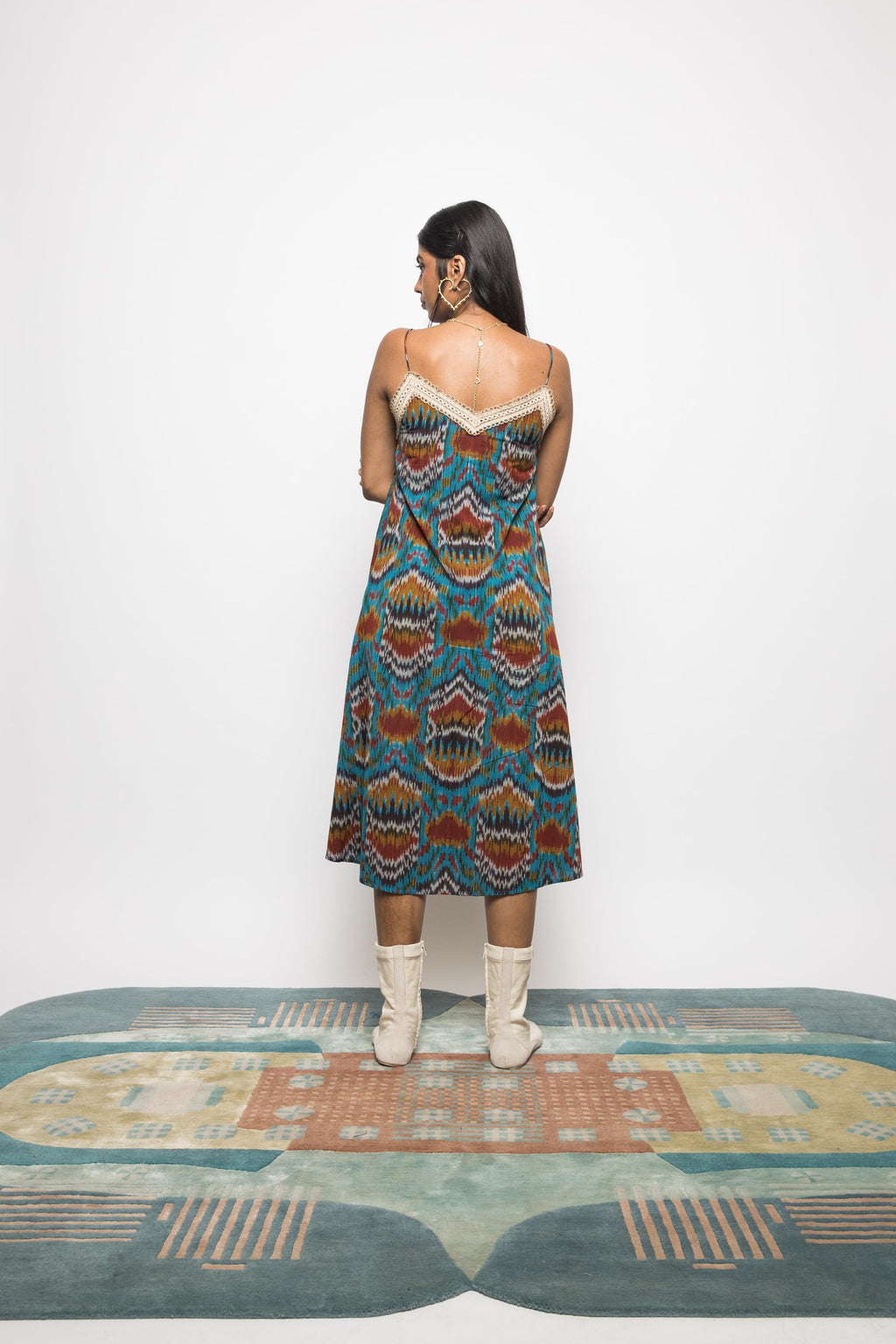 Asymmetric Waist Sling Dress at kamakhyaa.com by Anushé Pirani. This item is 100% Cotton, Beach Wear, Brunch Wear, Casual Wear, Console Collection List, Cotton, Fresh Ink by Anushe Pirani, Handwoven cotton, Ikat Prints, Regular Fit, Resort Wear, Turquoise, Vacation Wear, Womenswear