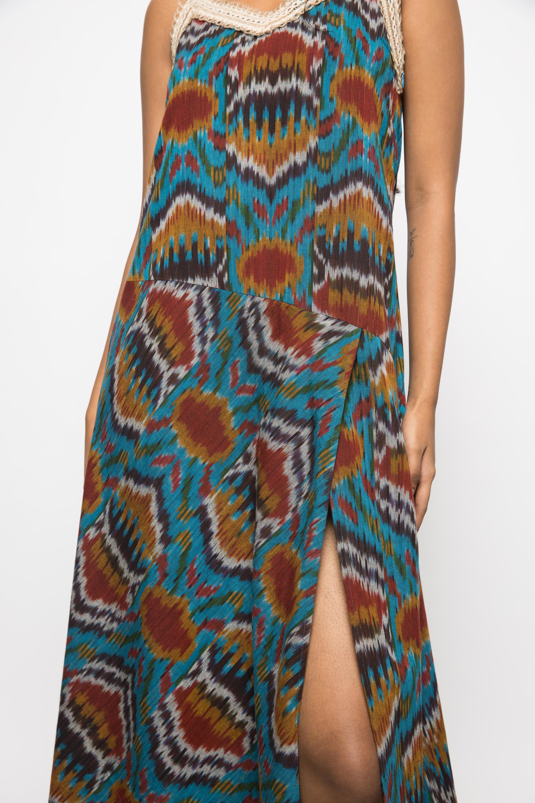 Asymmetric Waist Sling Dress at kamakhyaa.com by Anushé Pirani. This item is 100% Cotton, Beach Wear, Brunch Wear, Casual Wear, Console Collection List, Cotton, Fresh Ink by Anushe Pirani, Handwoven cotton, Ikat Prints, Regular Fit, Resort Wear, Turquoise, Vacation Wear, Womenswear