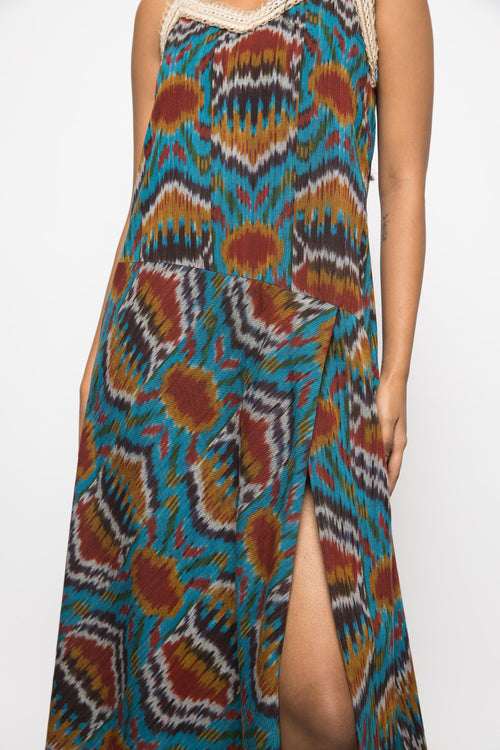 Asymmetric Waist Sling Dress at kamakhyaa.com by Anushé Pirani. This item is 100% Cotton, Beach Wear, Brunch Wear, Casual Wear, Console Collection List, Cotton, Fresh Ink by Anushe Pirani, Handwoven cotton, Ikat Prints, Regular Fit, Resort Wear, Turquoise, Vacation Wear, Womenswear