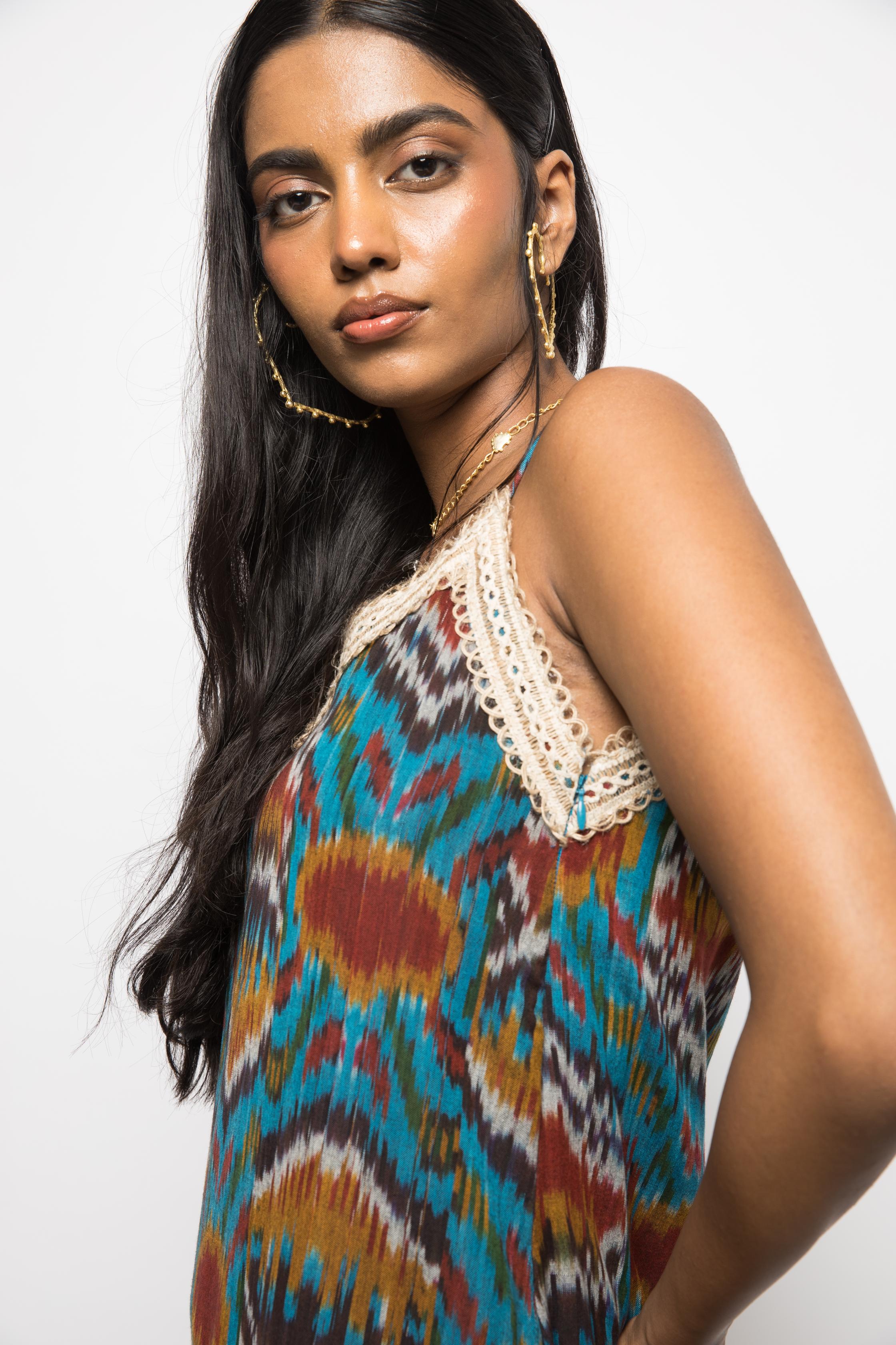 Asymmetric Waist Sling Dress at kamakhyaa.com by Anushé Pirani. This item is 100% Cotton, Beach Wear, Brunch Wear, Casual Wear, Console Collection List, Cotton, Fresh Ink by Anushe Pirani, Handwoven cotton, Ikat Prints, Regular Fit, Resort Wear, Turquoise, Vacation Wear, Womenswear