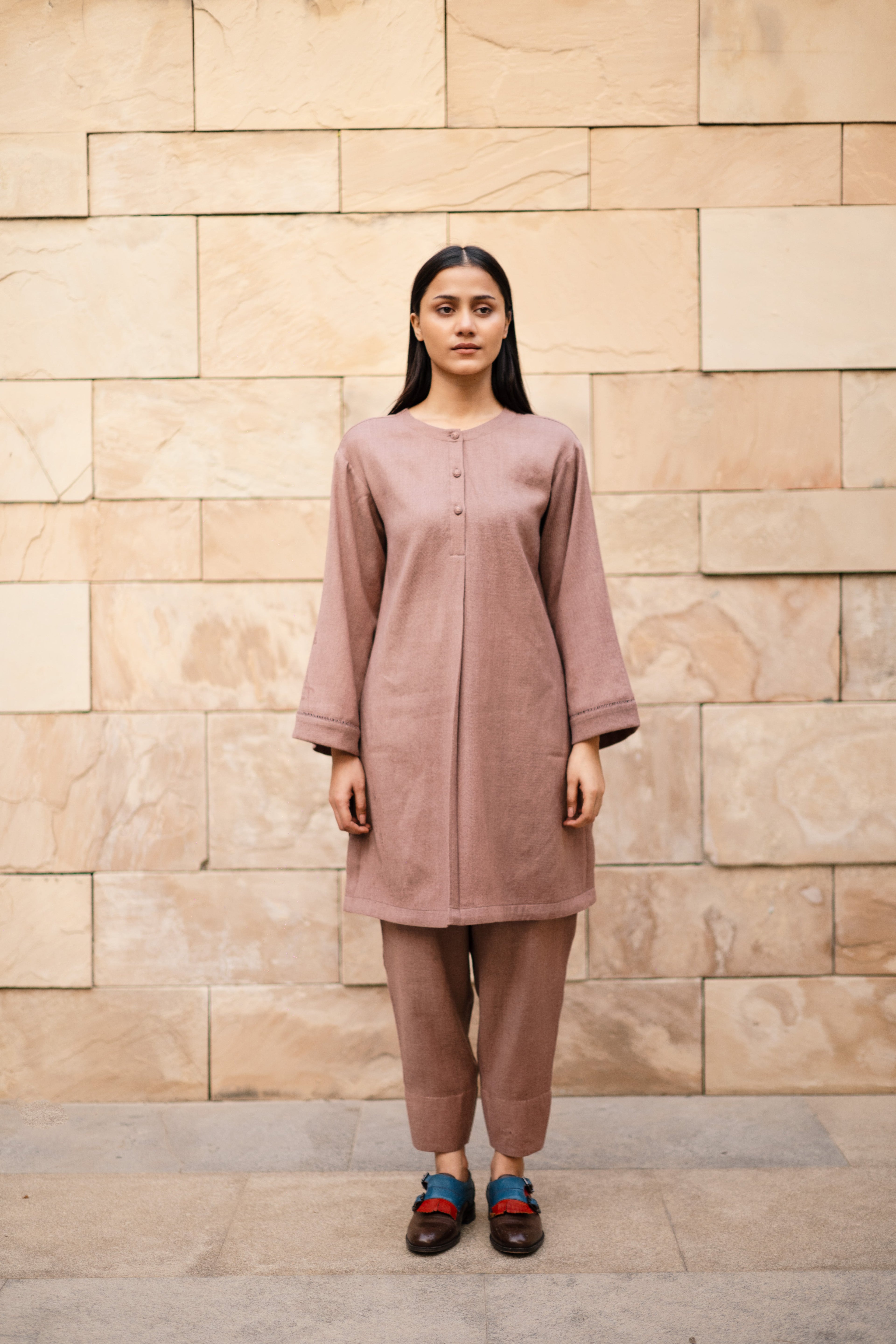 Aubergene Merino Wool Coord Set Iris at Kamakhyaa by Raas. This item is Merino Wool, Purple, Regular Fit, Uru by Raas, Winter WearOffice Wear Co-ords, Woven