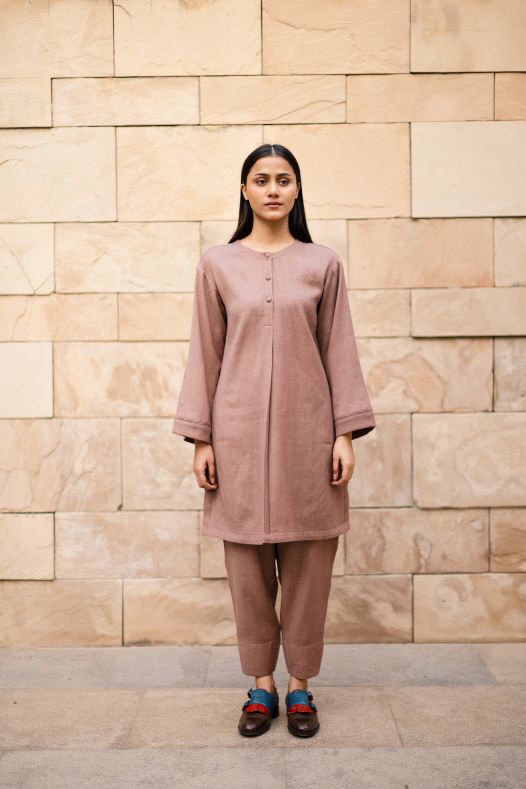 Aubergene Merino Wool Set of Three Iris at Kamakhyaa by Raas. This item is Merino Wool, Purple, Regular Fit, Uru by Raas, Winter WearOffice Wear Co-ords, Woven