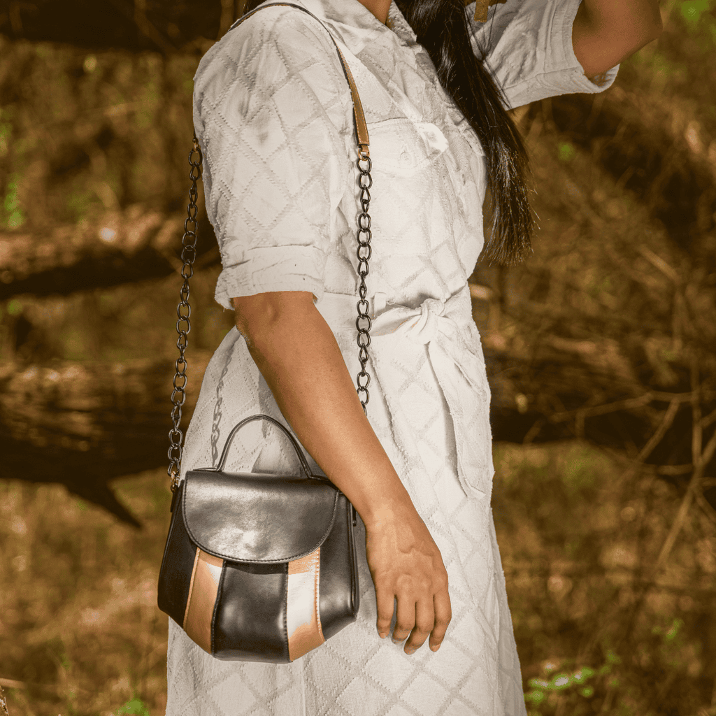 Aurora Vegan Leather Sling at Kamakhyaa by Green Hermitage. This item is A Walk in the Forest by Green Hermitage, Banana Leather, Black, Sling Bags, Under $50