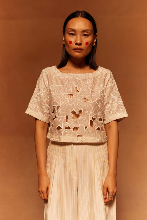 Avame Cut Work Top at Kamakhyaa by Ahmev. This item is Blouse, Cotton Silk, Cutwork, Ivory, Maximum Minimum by Ahmev, Relaxed Fit, Top, Womenswear