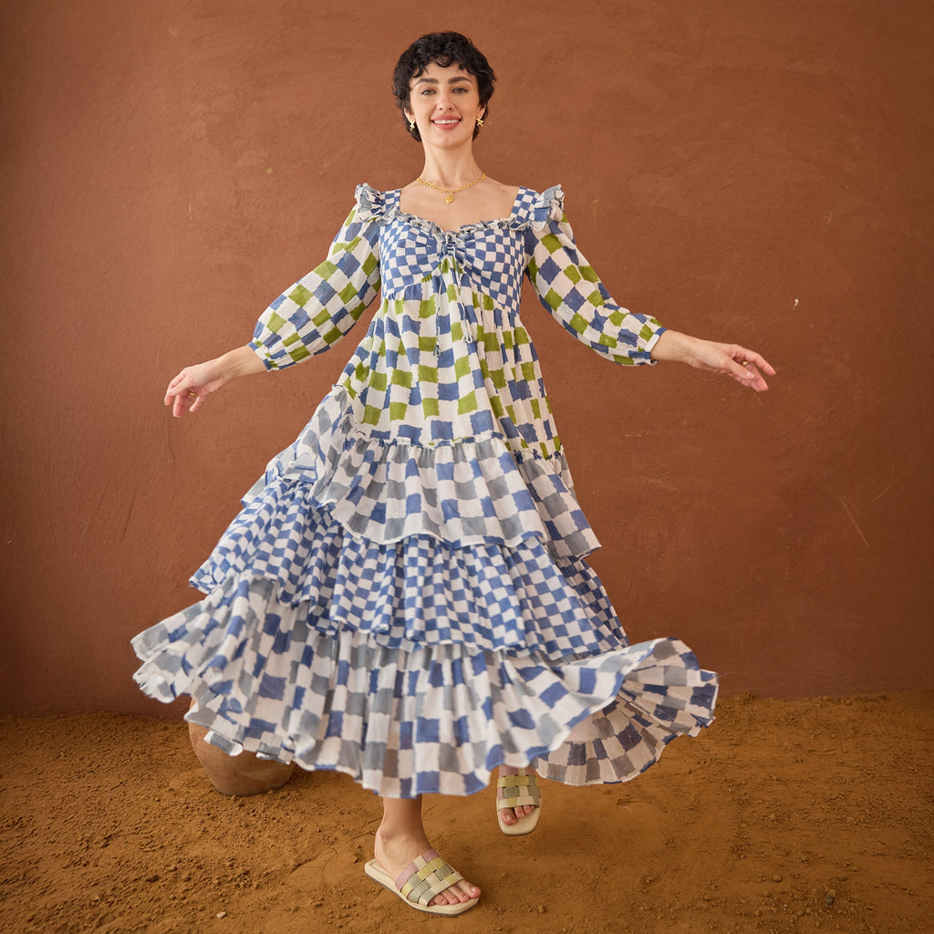 Azure Mosaic at Kamakhyaa by Taro. This item is Artisan made, Blue, Cotton Mulmul, Handblock Printed, Shirt Dresses, Tiered Dresses, Under $50, Whispers of Summer by Taro