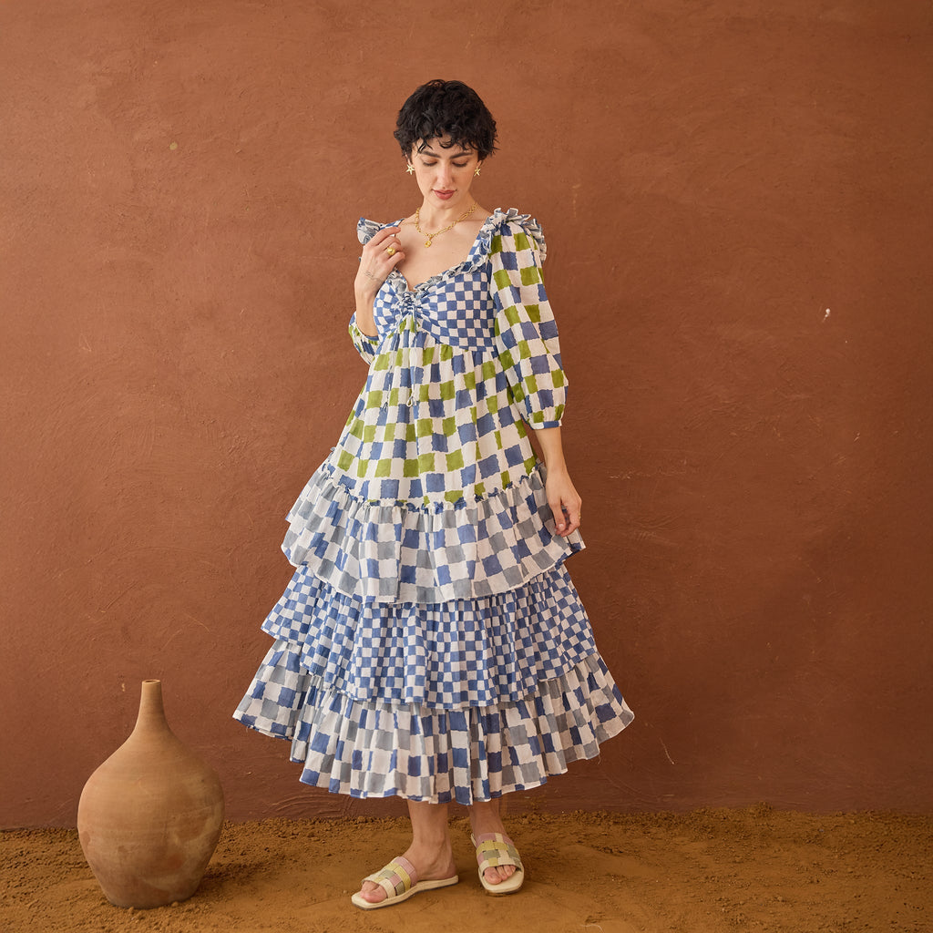 Azure Mosaic at Kamakhyaa by Taro. This item is Artisan made, Blue, Cotton Mulmul, Handblock Printed, Shirt Dresses, Tiered Dresses, Under $50, Whispers of Summer by Taro
