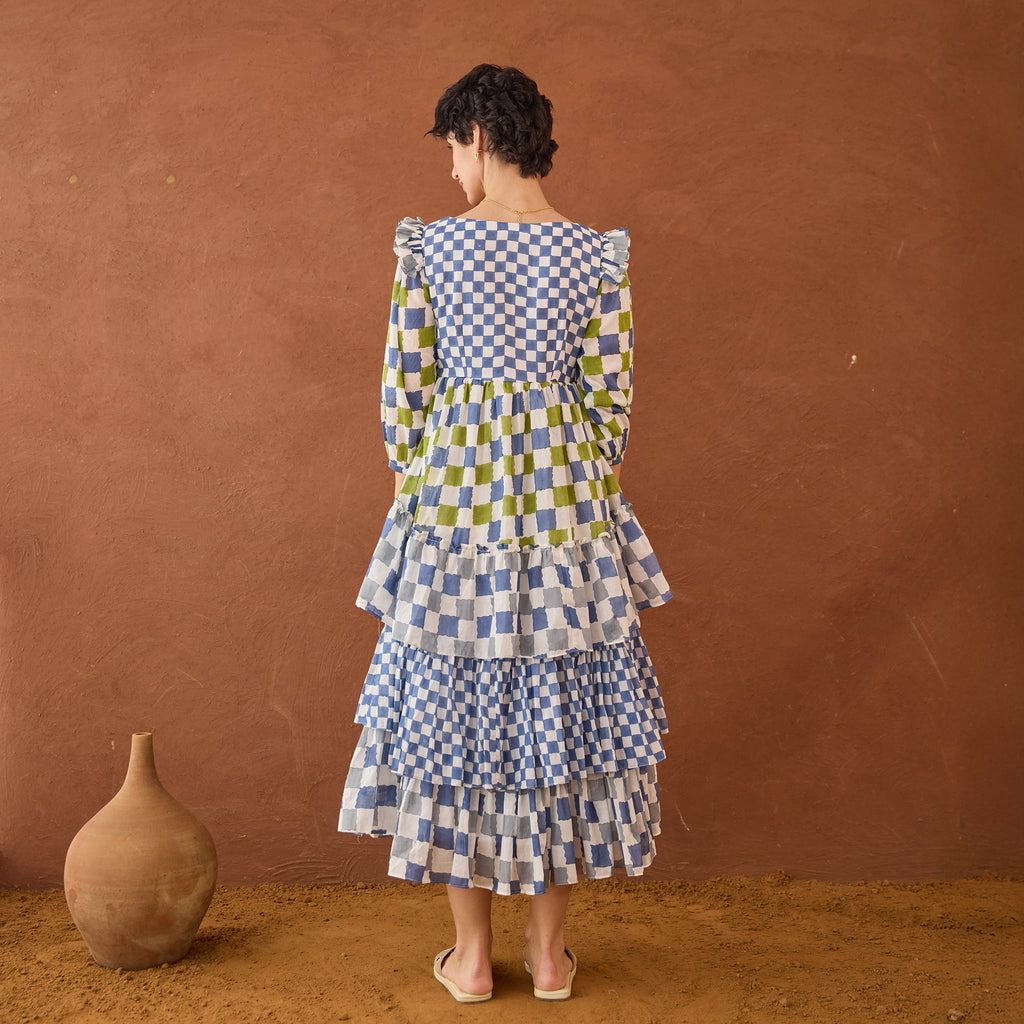 Azure Mosaic at Kamakhyaa by Taro. This item is Artisan made, Blue, Cotton Mulmul, Handblock Printed, Shirt Dresses, Tiered Dresses, Under $50, Whispers of Summer by Taro
