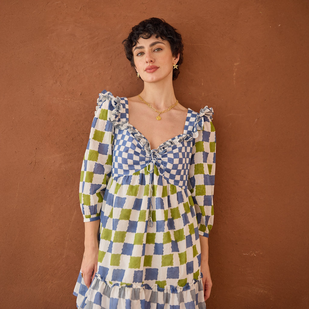 Azure Mosaic at Kamakhyaa by Taro. This item is Artisan made, Blue, Cotton Mulmul, Handblock Printed, Shirt Dresses, Tiered Dresses, Under $50, Whispers of Summer by Taro