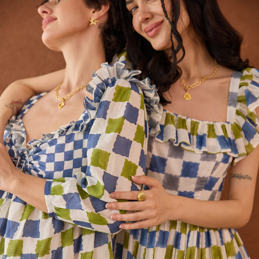 Azure Mosaic at Kamakhyaa by Taro. This item is Artisan made, Blue, Cotton Mulmul, Handblock Printed, Shirt Dresses, Tiered Dresses, Under $50, Whispers of Summer by Taro