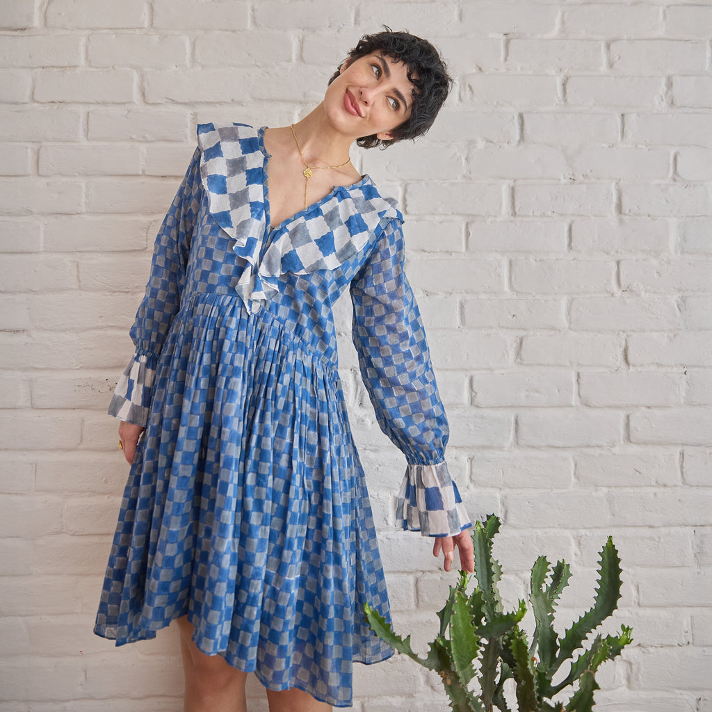 Azure Tides at Kamakhyaa by Taro. This item is Artisan made, Blue, Cotton Mulmul, Handblock Printed, Mini Dresses, Under $200, Whispers of Summer by Taro