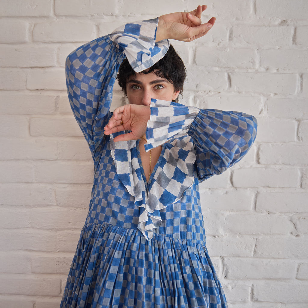Azure Tides at Kamakhyaa by Taro. This item is Artisan made, Blue, Cotton Mulmul, Handblock Printed, Mini Dresses, Under $200, Whispers of Summer by Taro