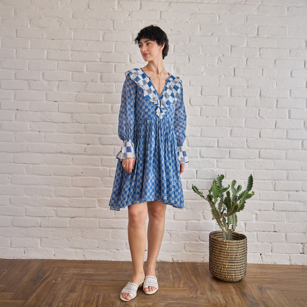 Azure Tides at Kamakhyaa by Taro. This item is Artisan made, Blue, Cotton Mulmul, Handblock Printed, Mini Dresses, Under $200, Whispers of Summer by Taro