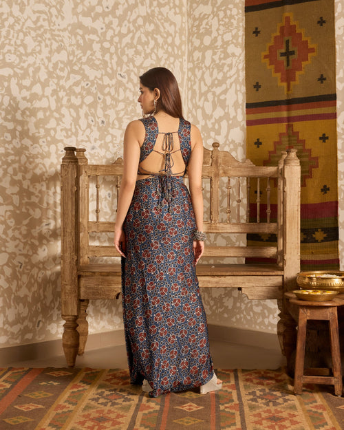 Backless tie up top and drape skirt at Kamakhyaa by Akashi Clothing. This item is Ajrakh by Akashi Clothing, Under $200