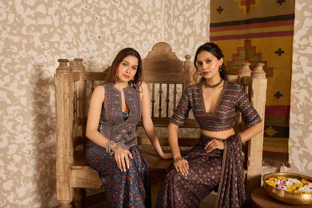 Backless tie up top and drape skirt at Kamakhyaa by Akashi Clothing. This item is Ajrakh by Akashi Clothing, Under $200