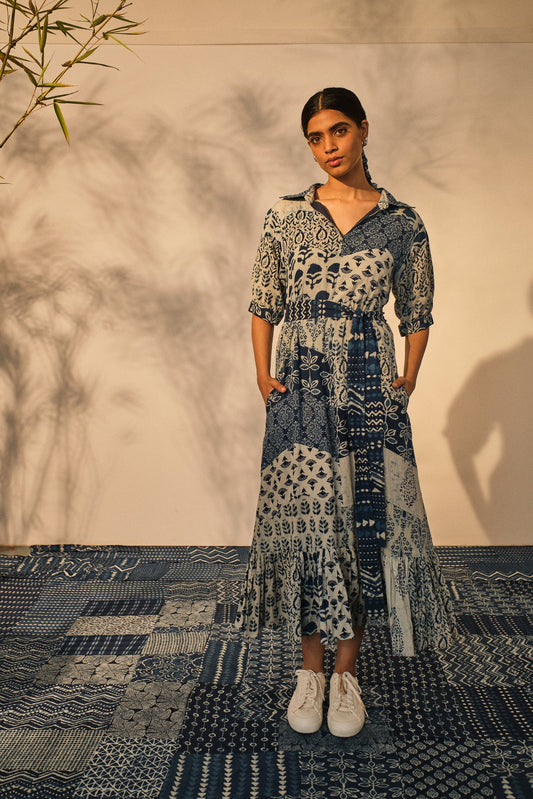 Bagru Prints Midi Dress at Kamakhyaa by Akashii Clothing. This item is 100% Blue Indigo Cotton, Bagru Prints, Blue, Casual Wear, handmade, Midi Dresses, Neeli by Akashi Clothing, Organic, Regular Fit