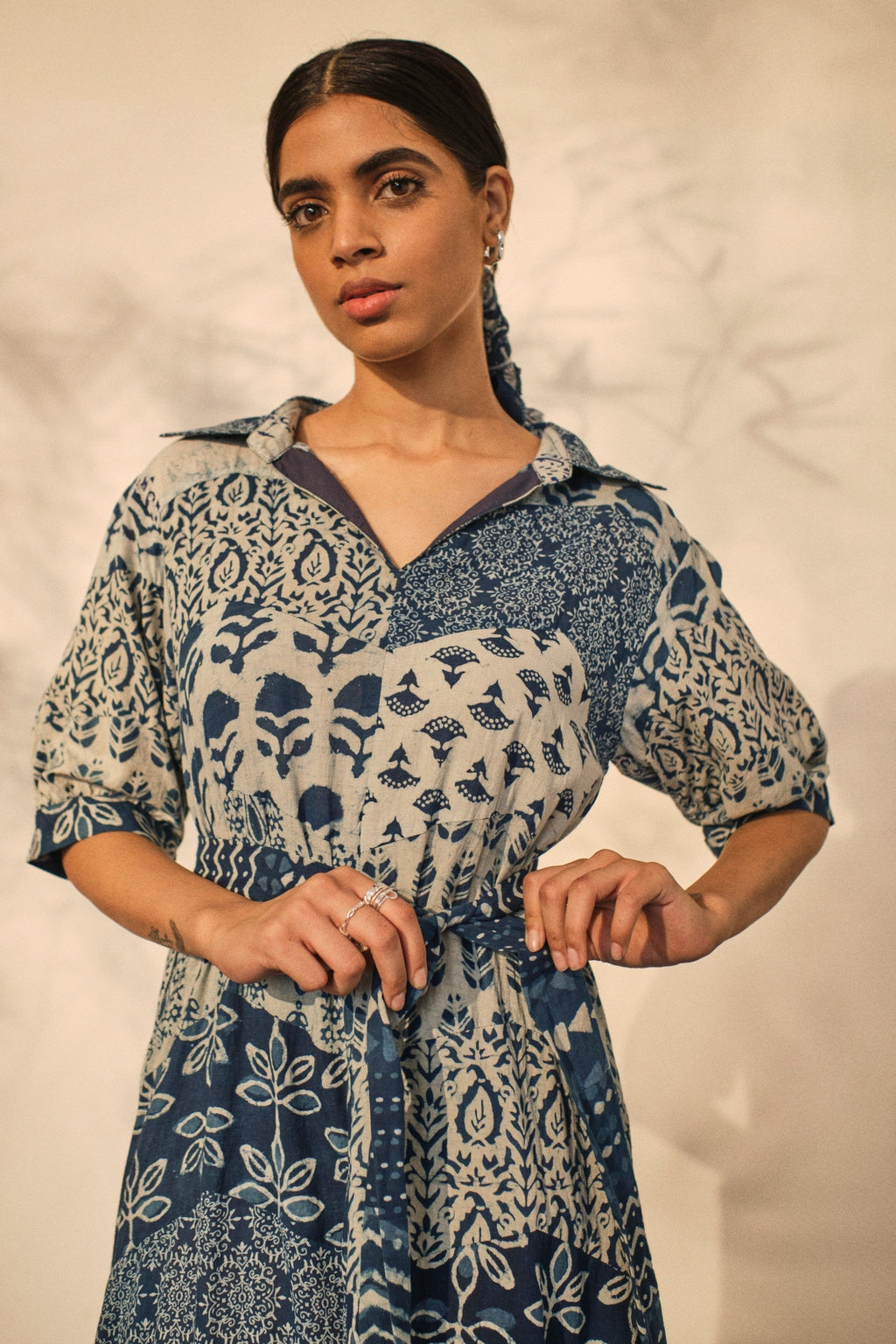 Bagru Prints Midi Dress at Kamakhyaa by Akashii Clothing. This item is 100% Blue Indigo Cotton, Bagru Prints, Blue, Casual Wear, handmade, Midi Dresses, Neeli by Akashi Clothing, Organic, Regular Fit