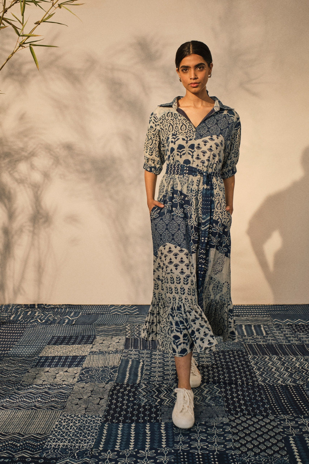 Bagru Prints Midi Dress at Kamakhyaa by Akashii Clothing. This item is 100% Blue Indigo Cotton, Bagru Prints, Blue, Casual Wear, handmade, Midi Dresses, Neeli by Akashi Clothing, Organic, Regular Fit