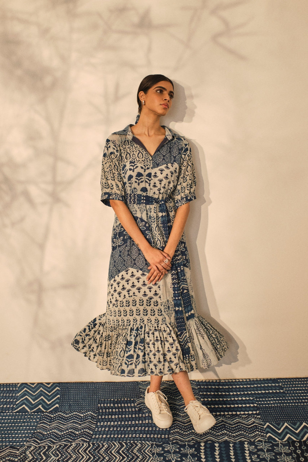 Bagru Prints Midi Dress at Kamakhyaa by Akashii Clothing. This item is 100% Blue Indigo Cotton, Bagru Prints, Blue, Casual Wear, handmade, Midi Dresses, Neeli by Akashi Clothing, Organic, Regular Fit