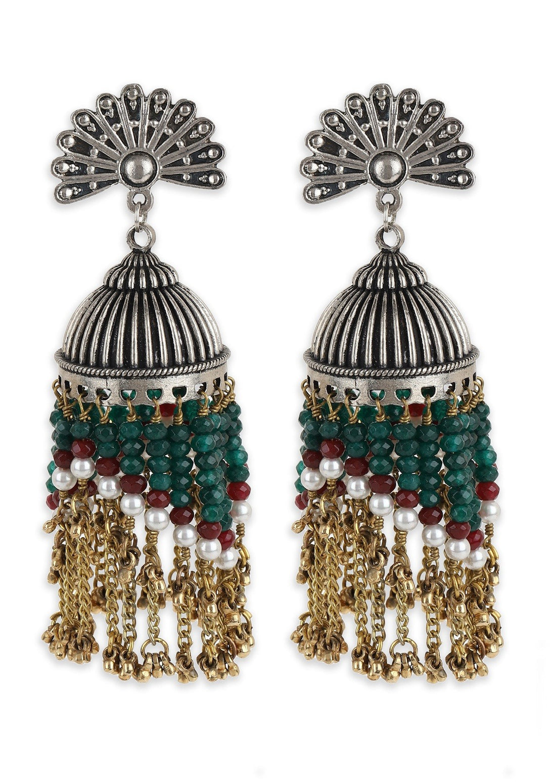 Banjara Chain Jhumkas at Kamakhyaa by House Of Heer. This item is Beaded Jewellery, Festive Jewellery, Festive Wear, Free Size, Gemstone, Handcrafted, jewelry, Jhumkas, July Sale, July Sale 2023, Mix metal, Multicolor, Natural, Pearl, Silver, Solids